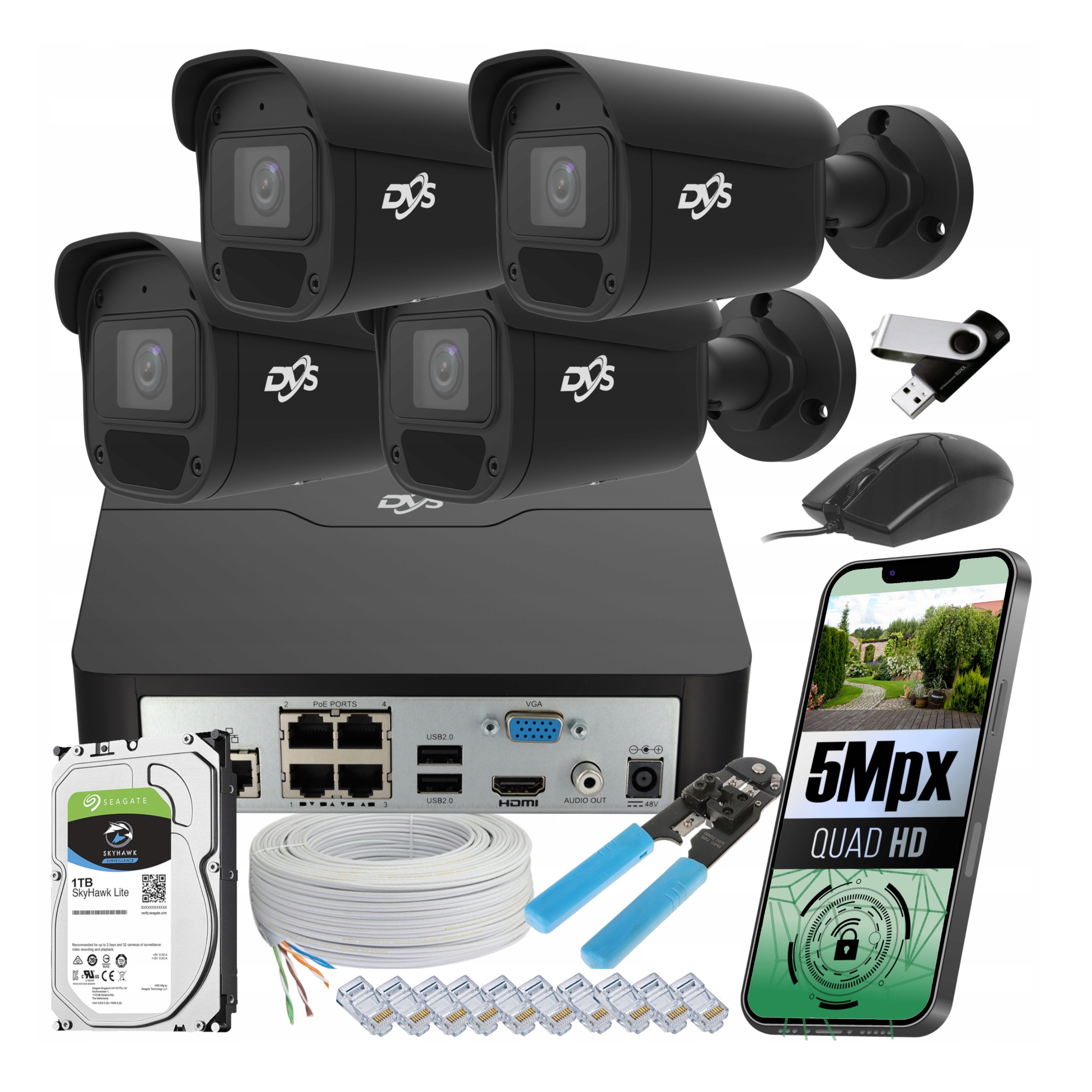 Sada Pro Monitorování 4 Kamer 5 Mpx Ip Poe Smart App Pro Domácnost Firma DISK1TB