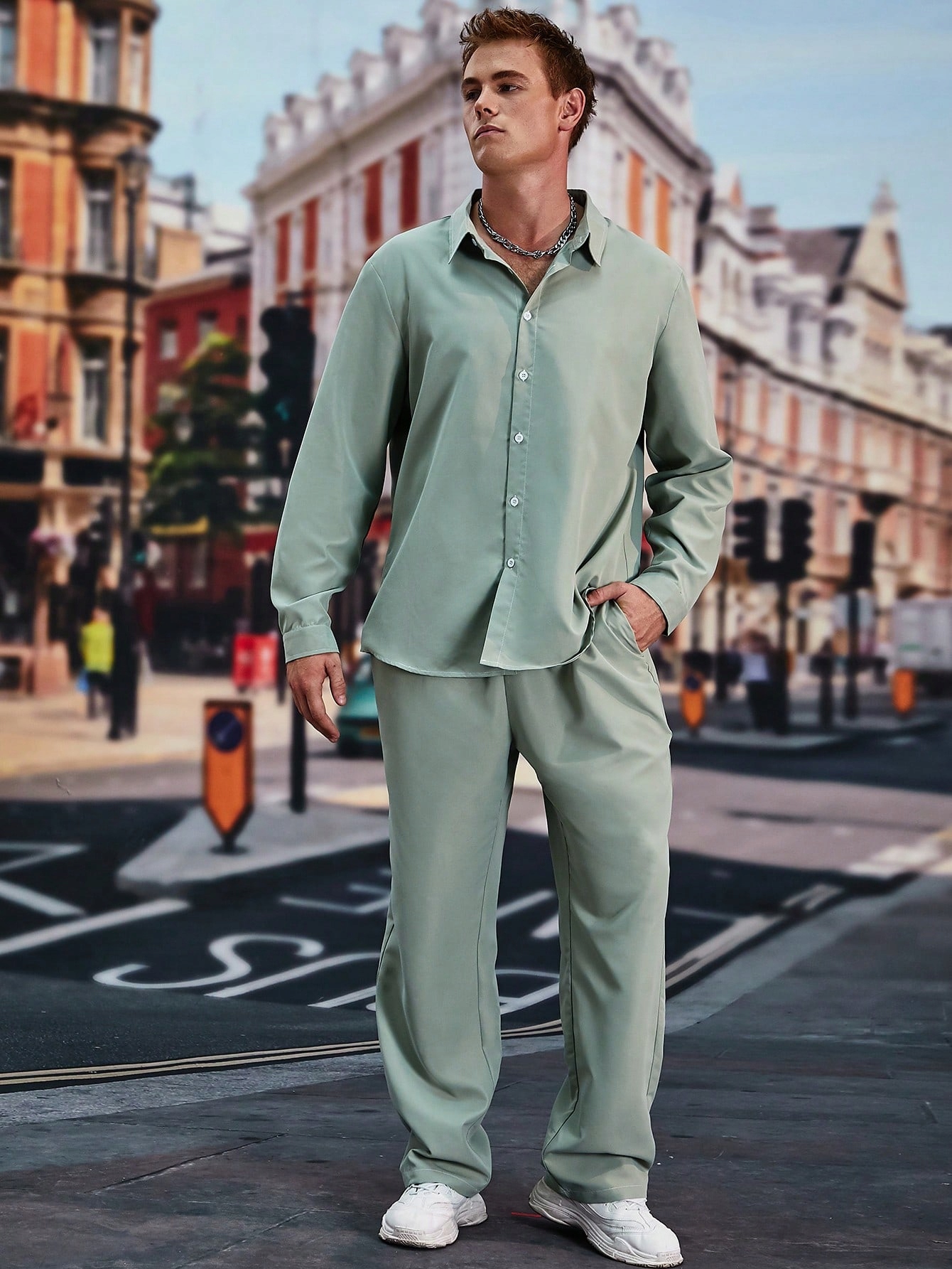 Komplet Pánský Volný Casual Zelená Košile Kalhoty Shein 5XL