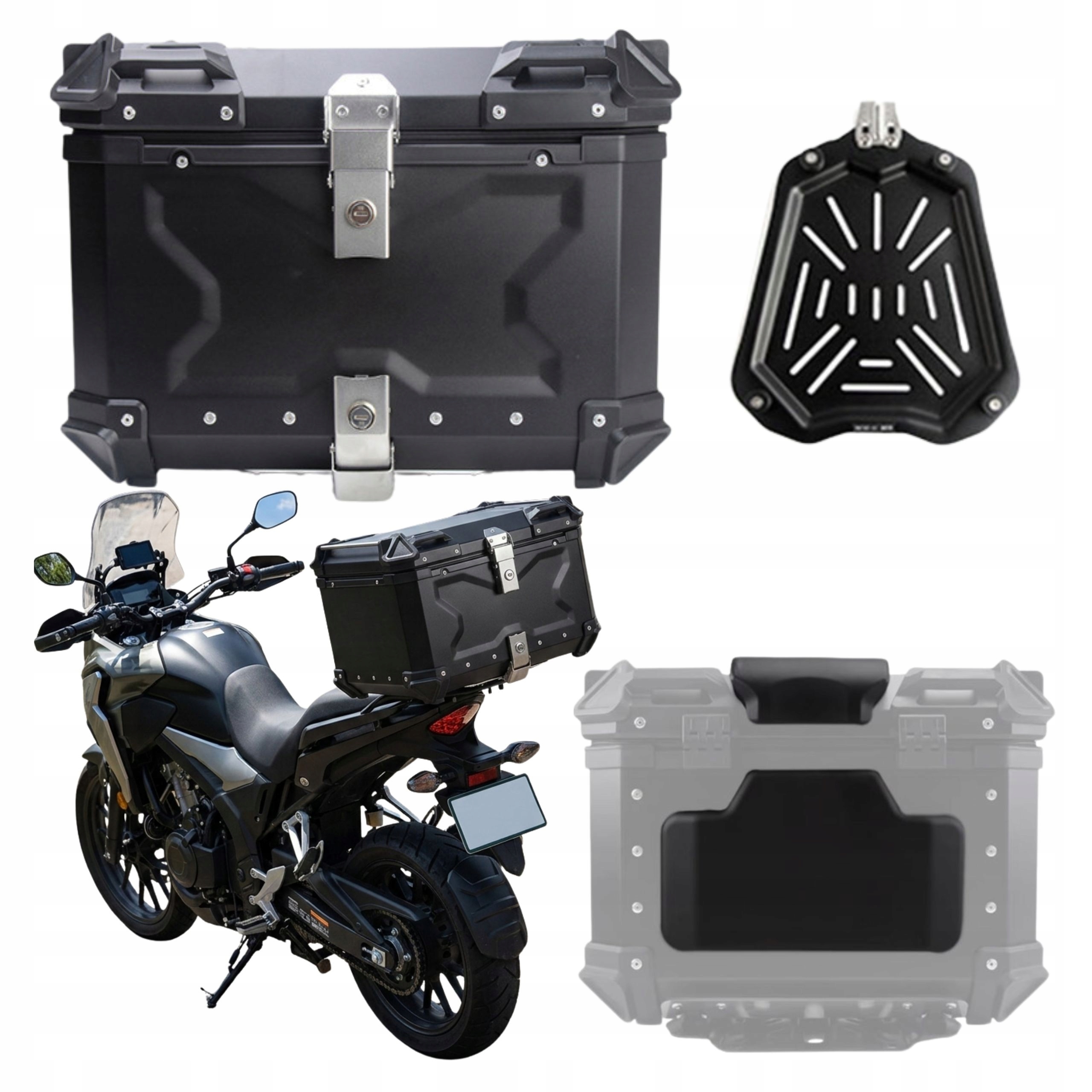 Kufer motocyklowy aluminiowy centralny 55l X płyta stelaż oparcie czarny