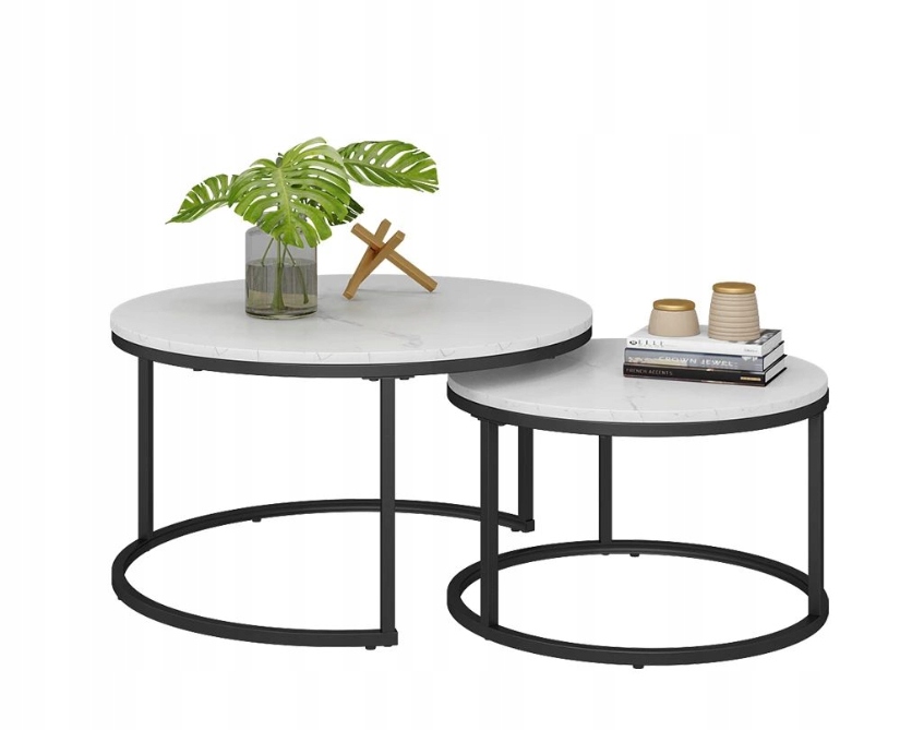 Zestaw 2 Stolików Kawowych 77 CM Biały Marmur Loft