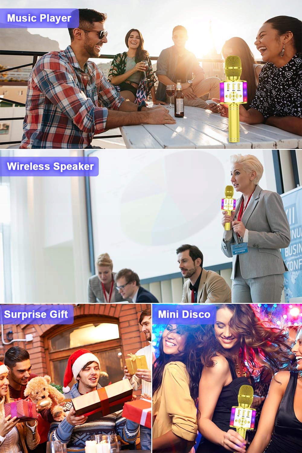 BONAOK Magiczny Karaoke Mikrofon Bluetooth Dla Dzieci i Dorosłych Złoty — miniatura 7