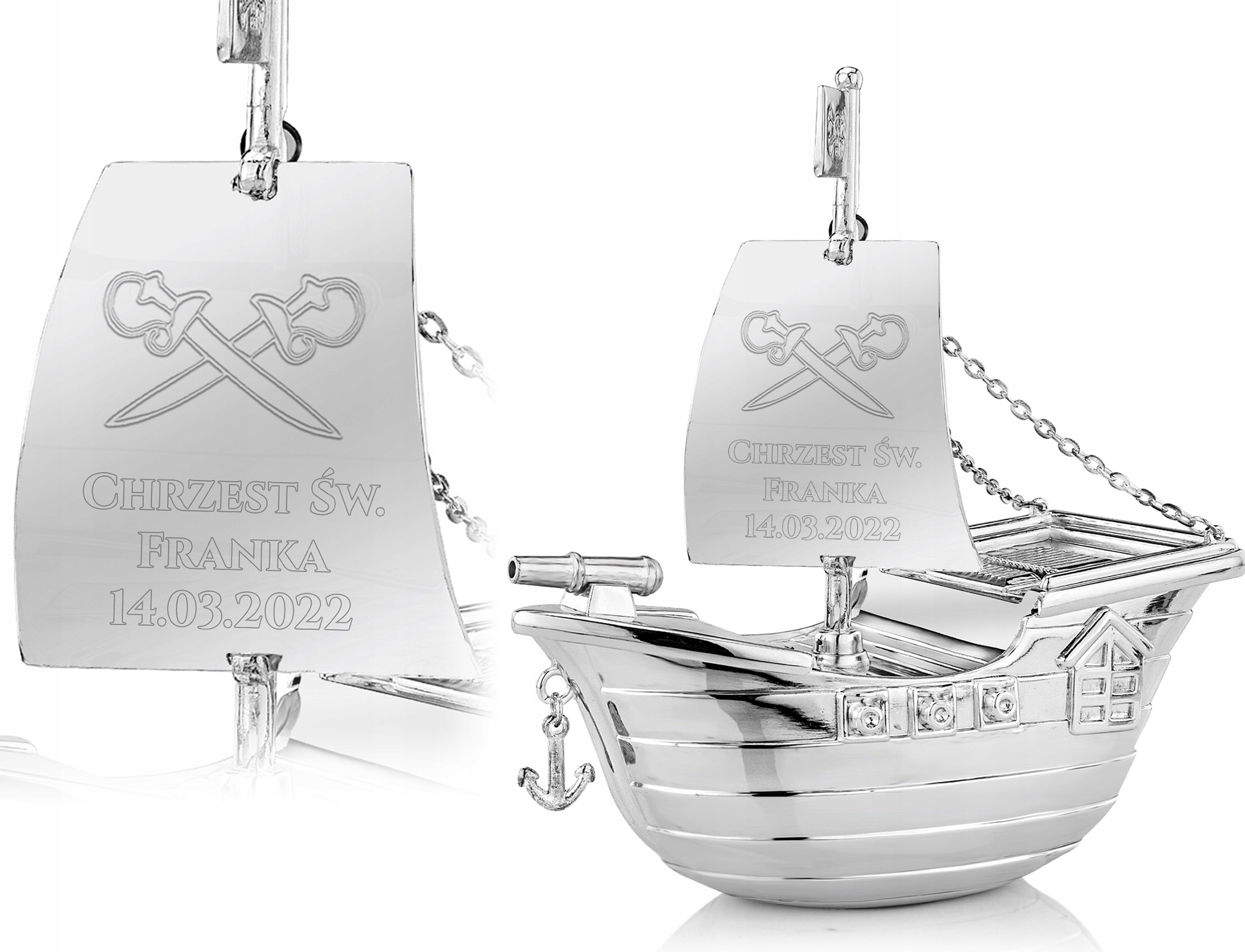 

Skarbonka Statek posrebrzana Chrzest Roczek Grawer