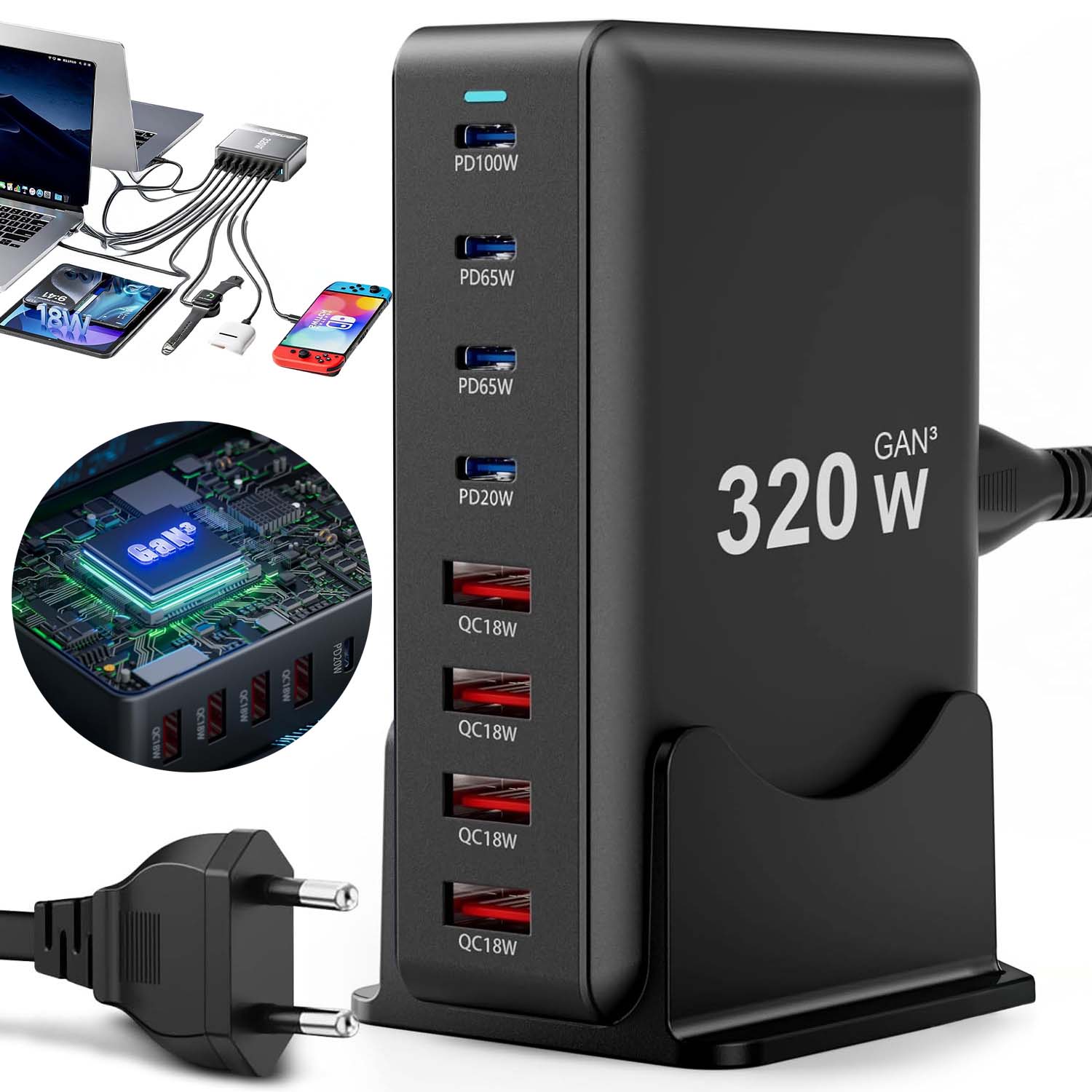 Síťová Nabíječka 4 Porty Usb-c Pd 4 Porty Usb-a Qc S Černou Základnou