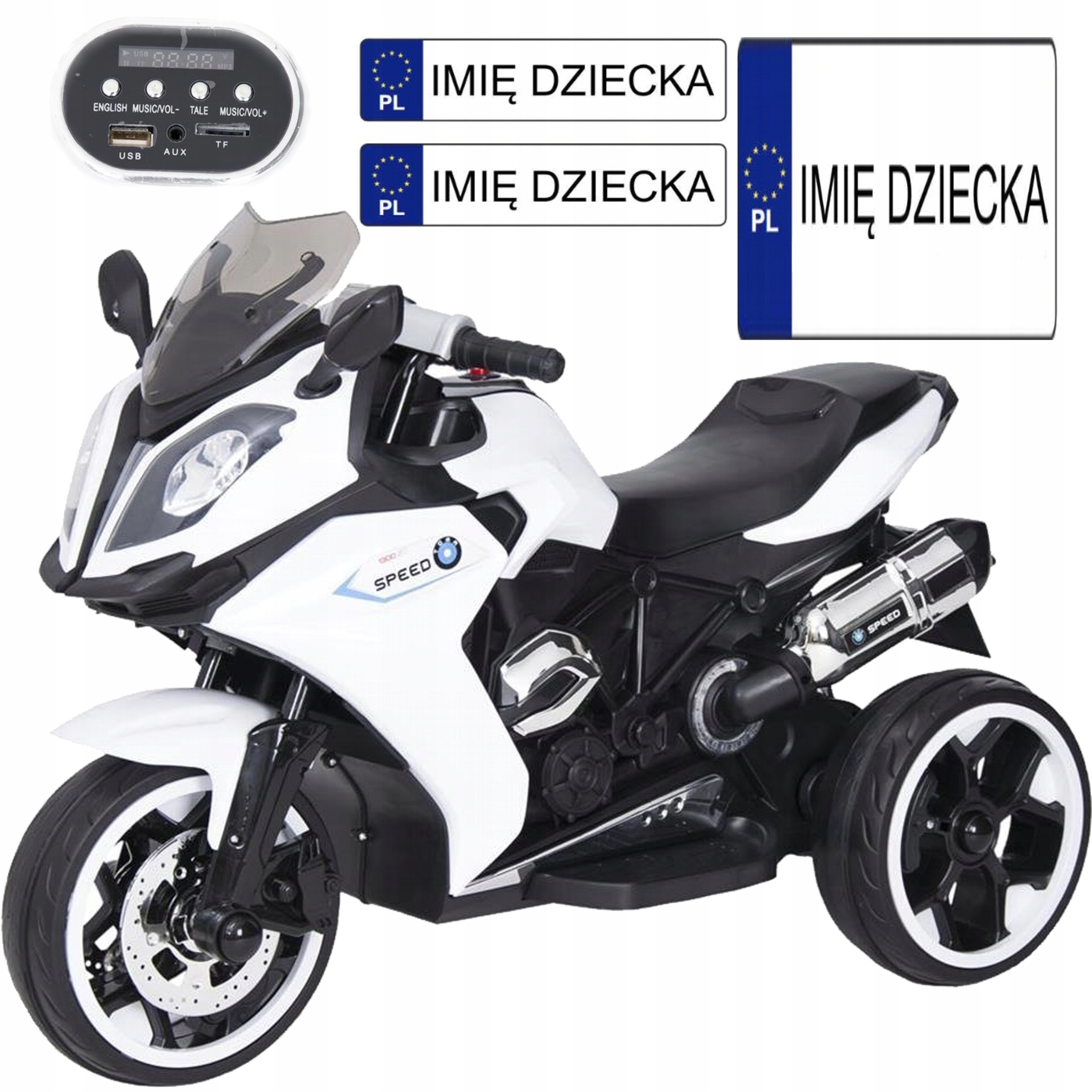 Motor motorek trójkołowy na akumulator mp3 guma 2x35W mp3 Led dźwięki