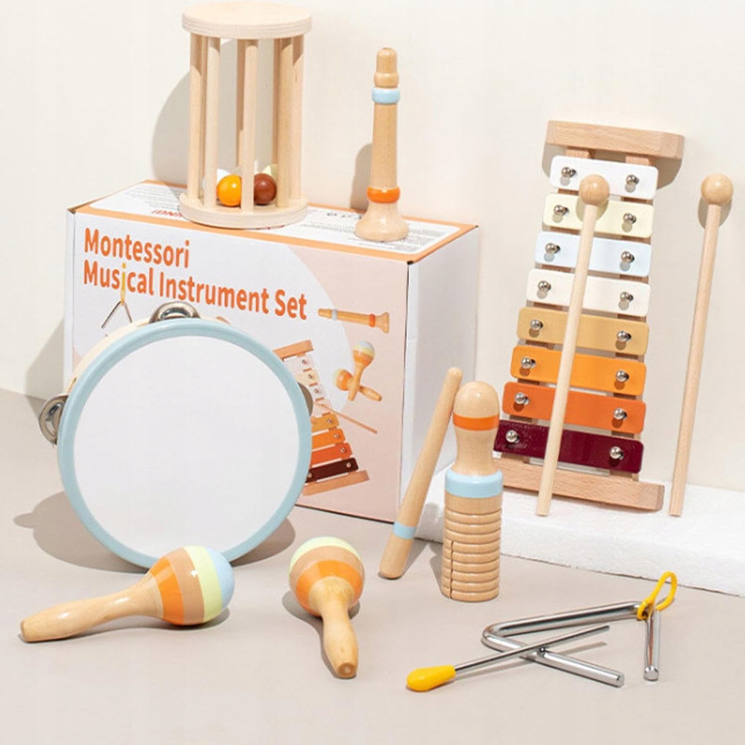 DREWNIANE INSTRUMENTY MUZYCZNE ZESTAW MONTESSORI DLA DZIECI BĘBENEK FLET Kolor wielokolorowy