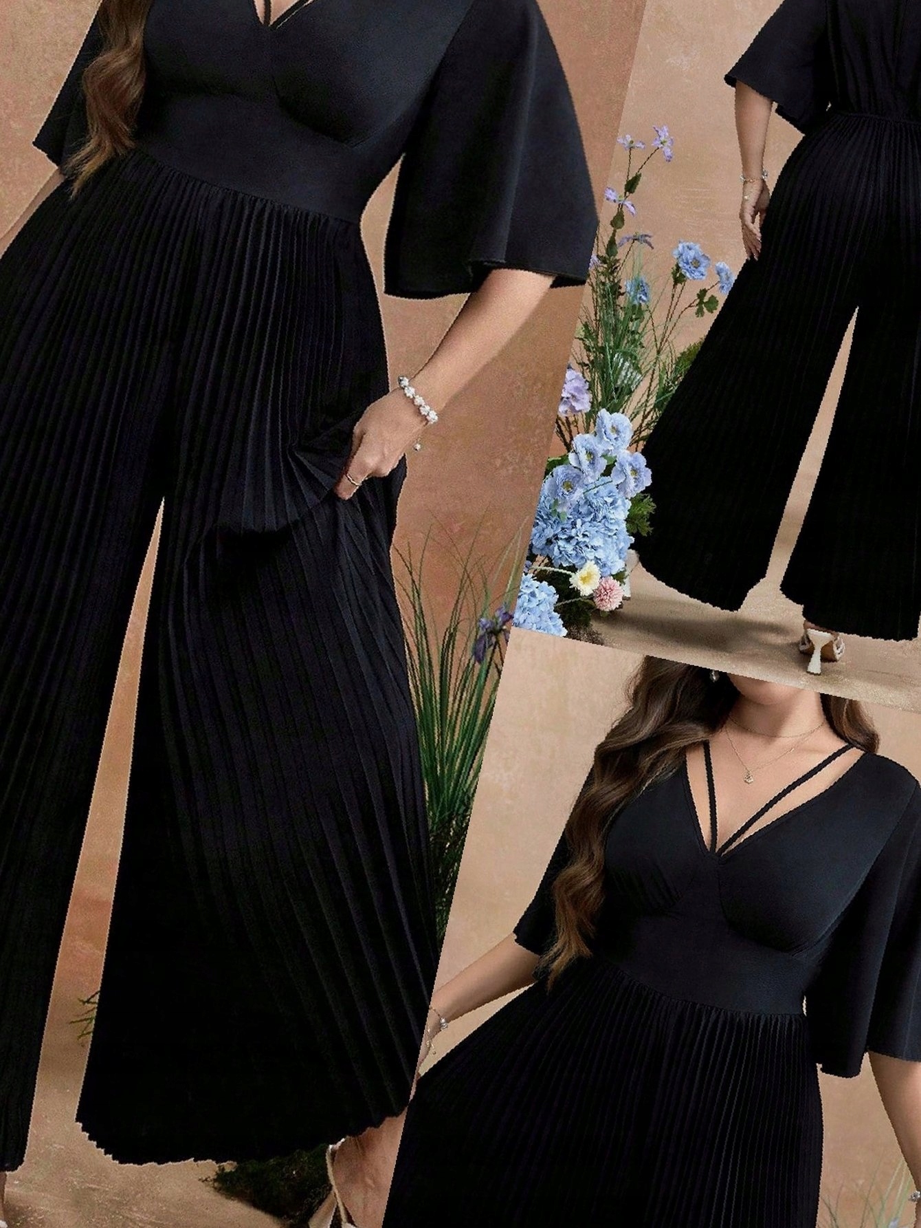 Výstupní kombinéza s širokými nohavicemi, černá, plisovaná, velikost XL 42