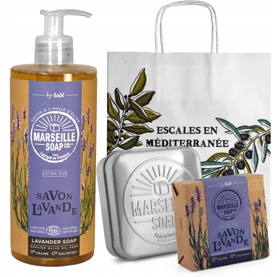 Oryginalne Mydła Marsylskie LAWENDA ECOCERT Mydelniczka - Zestaw Prezentowy
