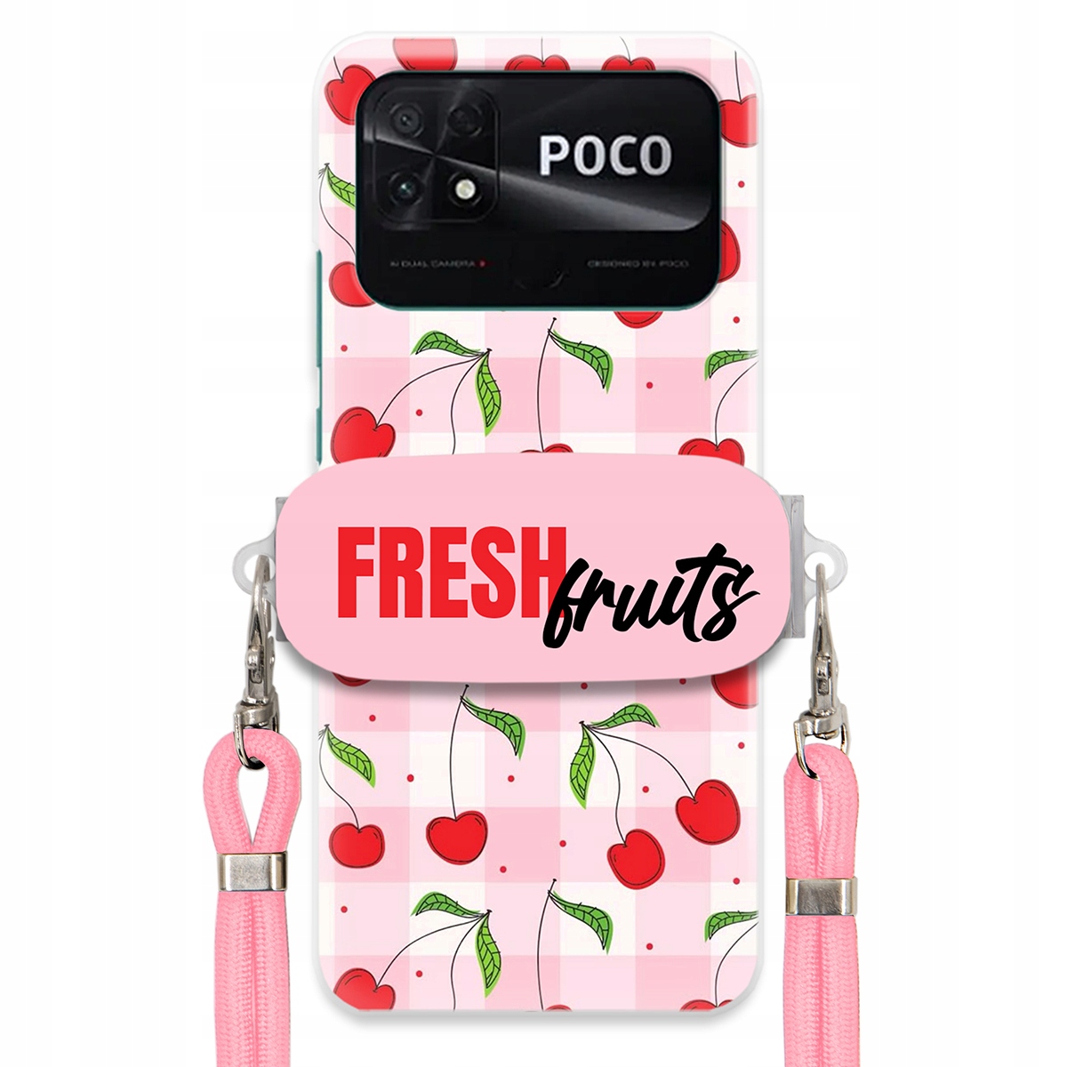 Pouzdro pro Xiaomi Poco C40 Case Držák Šňůrka Růžová Fresh Fruits Mřížka
