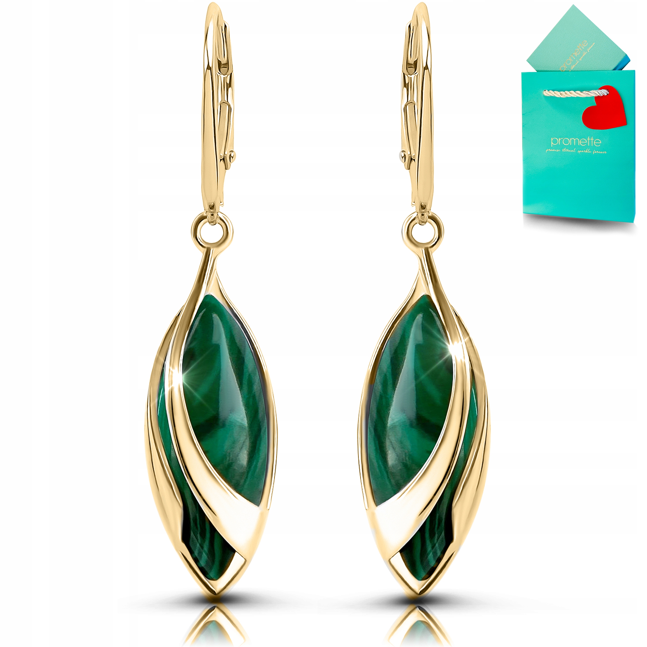 Náušnice malachit zlaté s malachitem pozlacené závěsné dlouhé stříbro 925