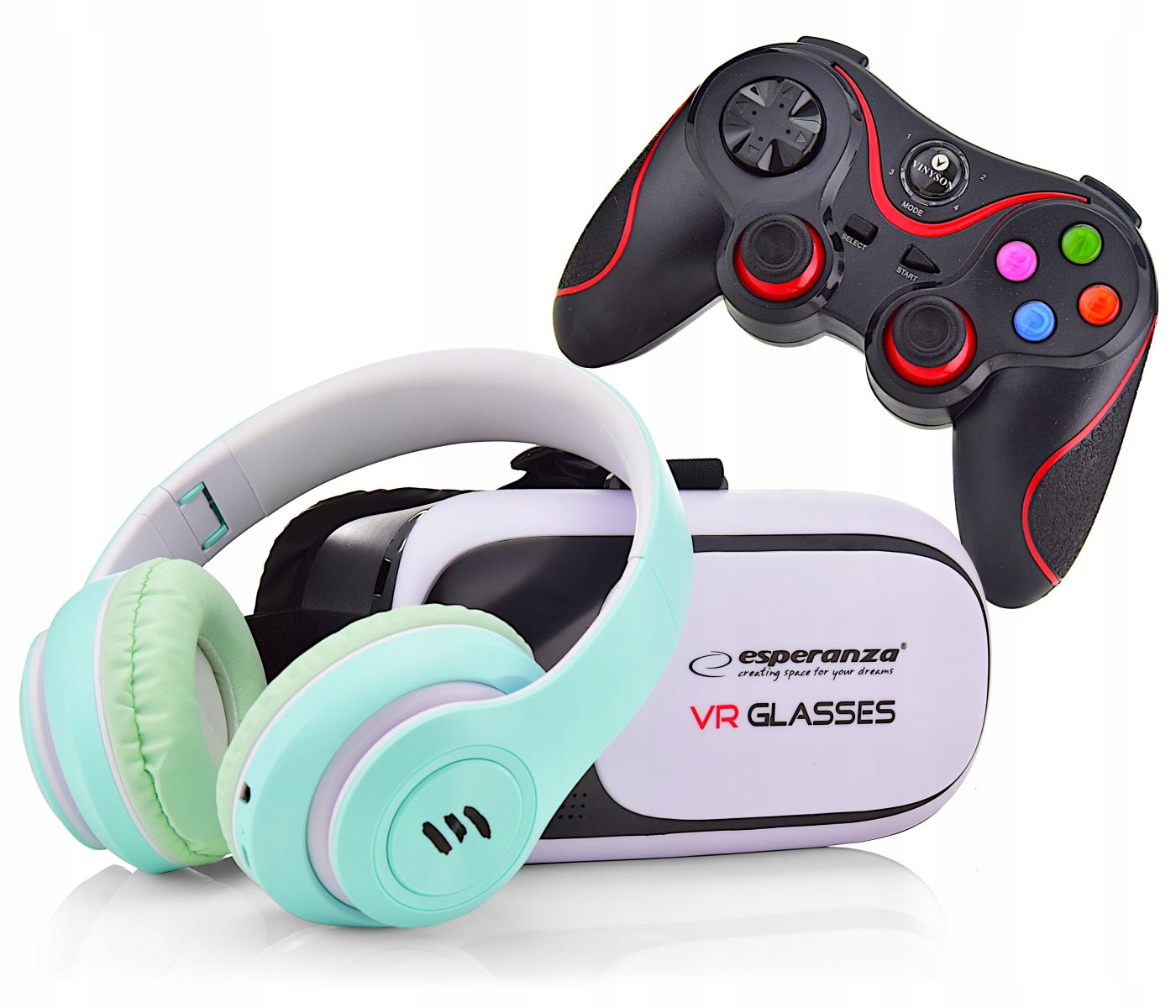 WIRTUALNA RZECZYWISTOŚĆ OKULARY GAMEPAD SŁUCHAWKI GOGLE VR 360 STOPNI