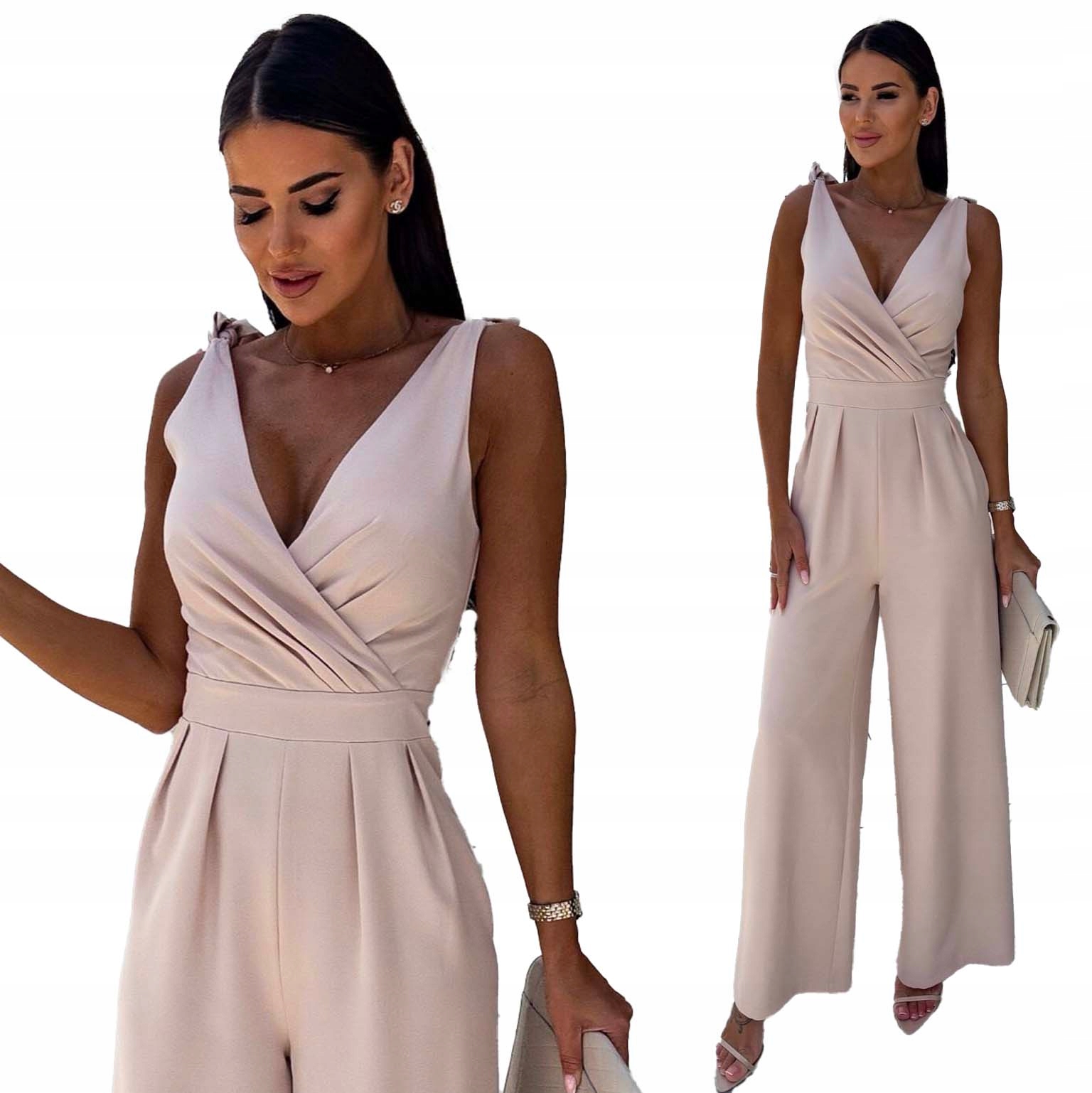 Beżowy KOMBINEZON DŁUGI ELEGANCKI Damski WIZYTOWY długa nogawka komplet Rodzaj nogawki prosta