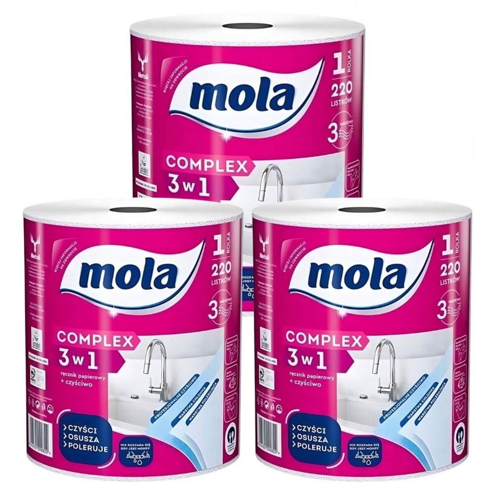 Levně Mola 3V1 papírová kuchyňská utěrka 3W 220 listů celulóza 3 Role