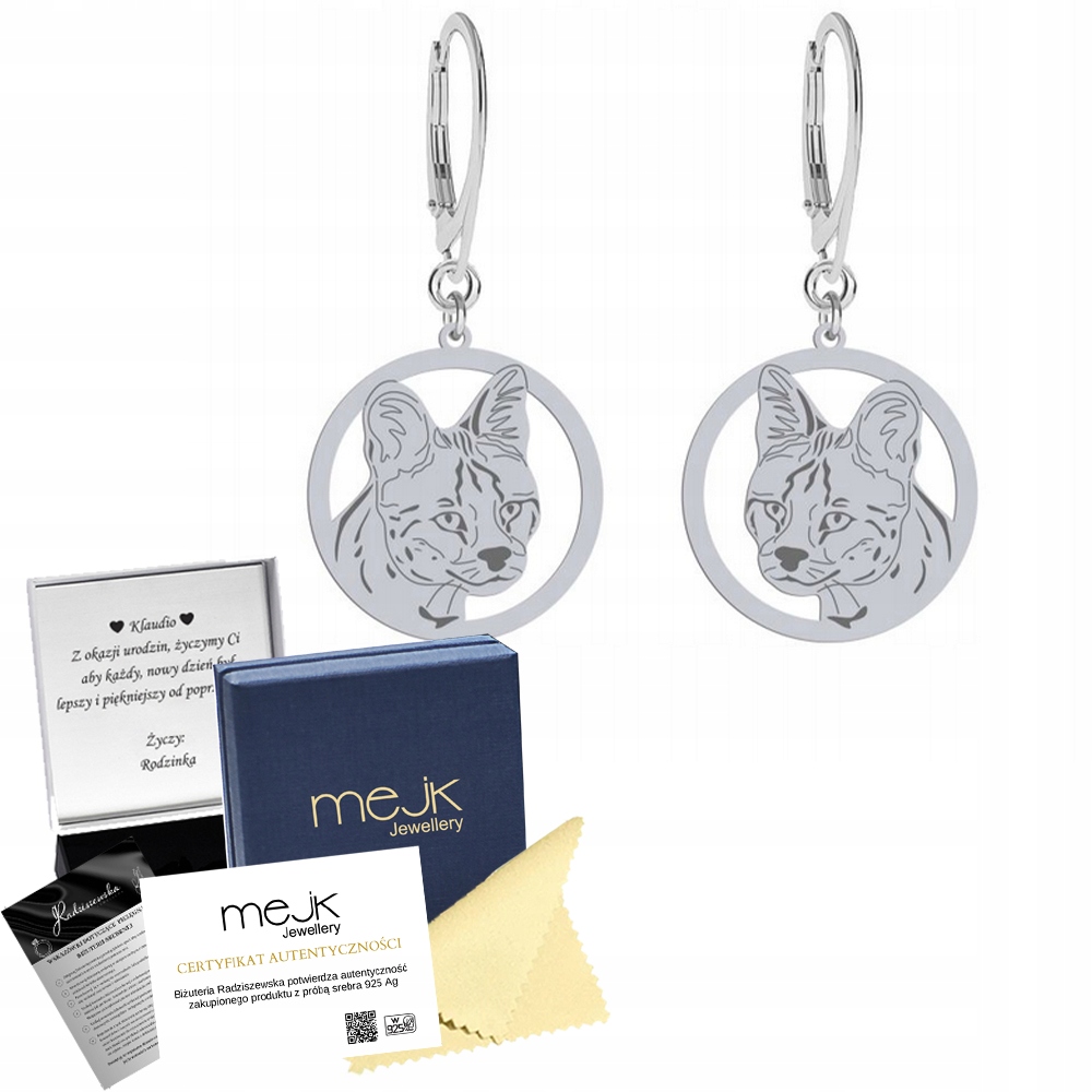 Stříbrné Náušnice s kočkou Africký Serval 925 Žena Dárek Gravírování
