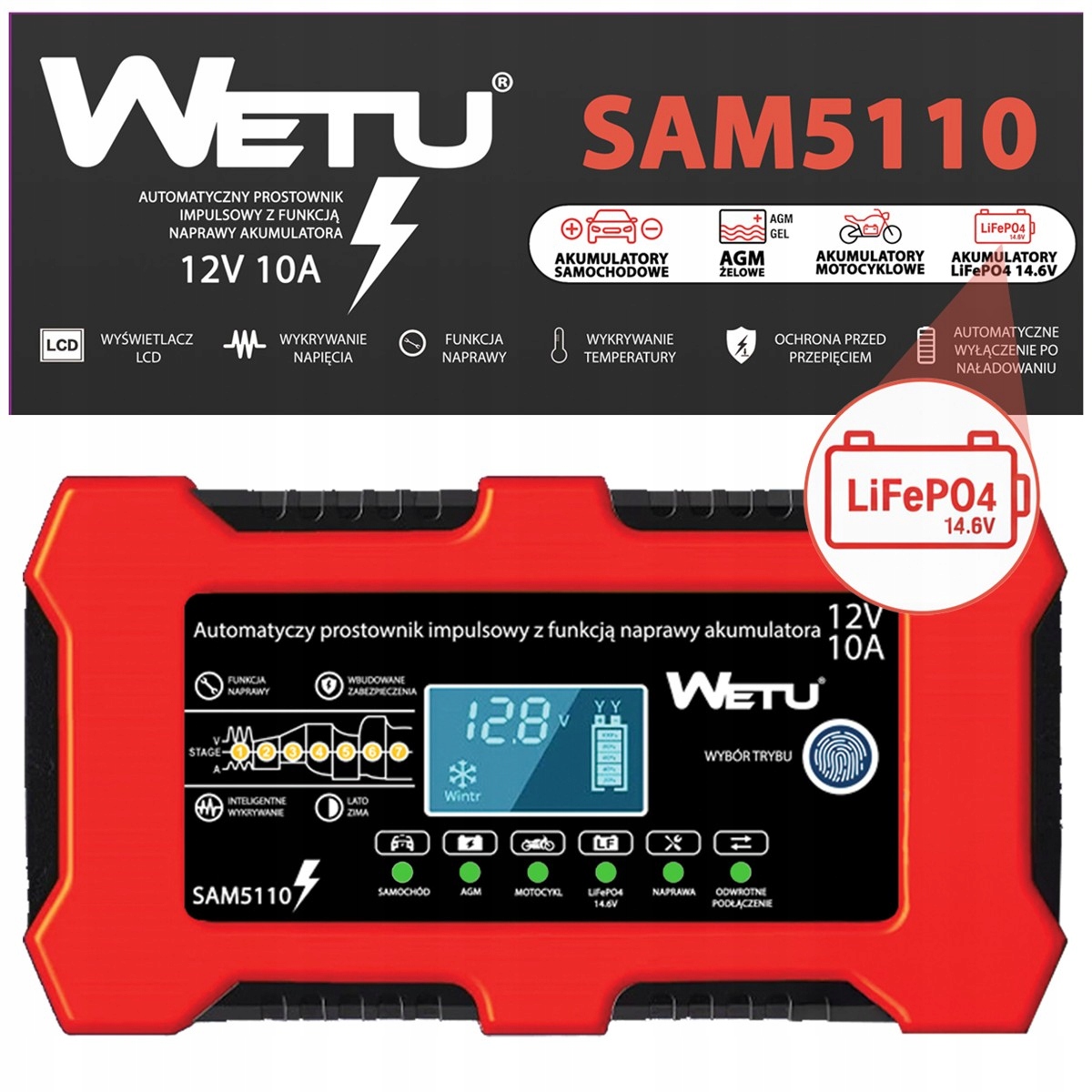 Automatyczny Prostownik 10A do akumulatorów LiFePO4 Agm Żelowych 12V Wetu