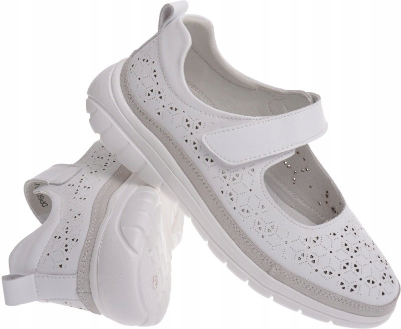 Skórzane Półbuty Damskie Ażurowe Na Rzep Szerokie biały 38