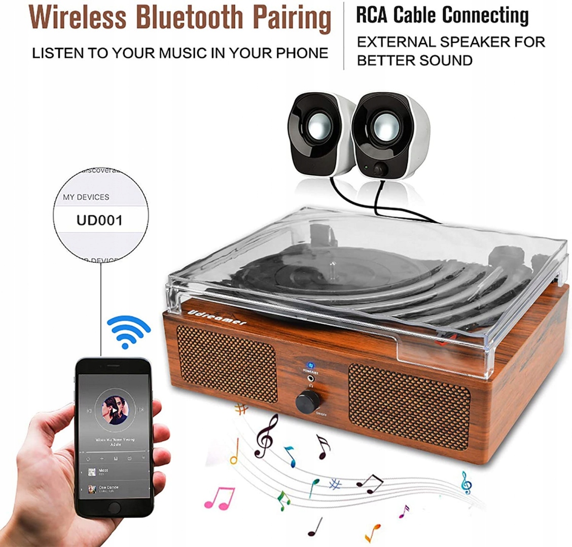 Gramofon UDREAMER UD001-Y Bluetooth USB RCA AUX Model UD001-Y