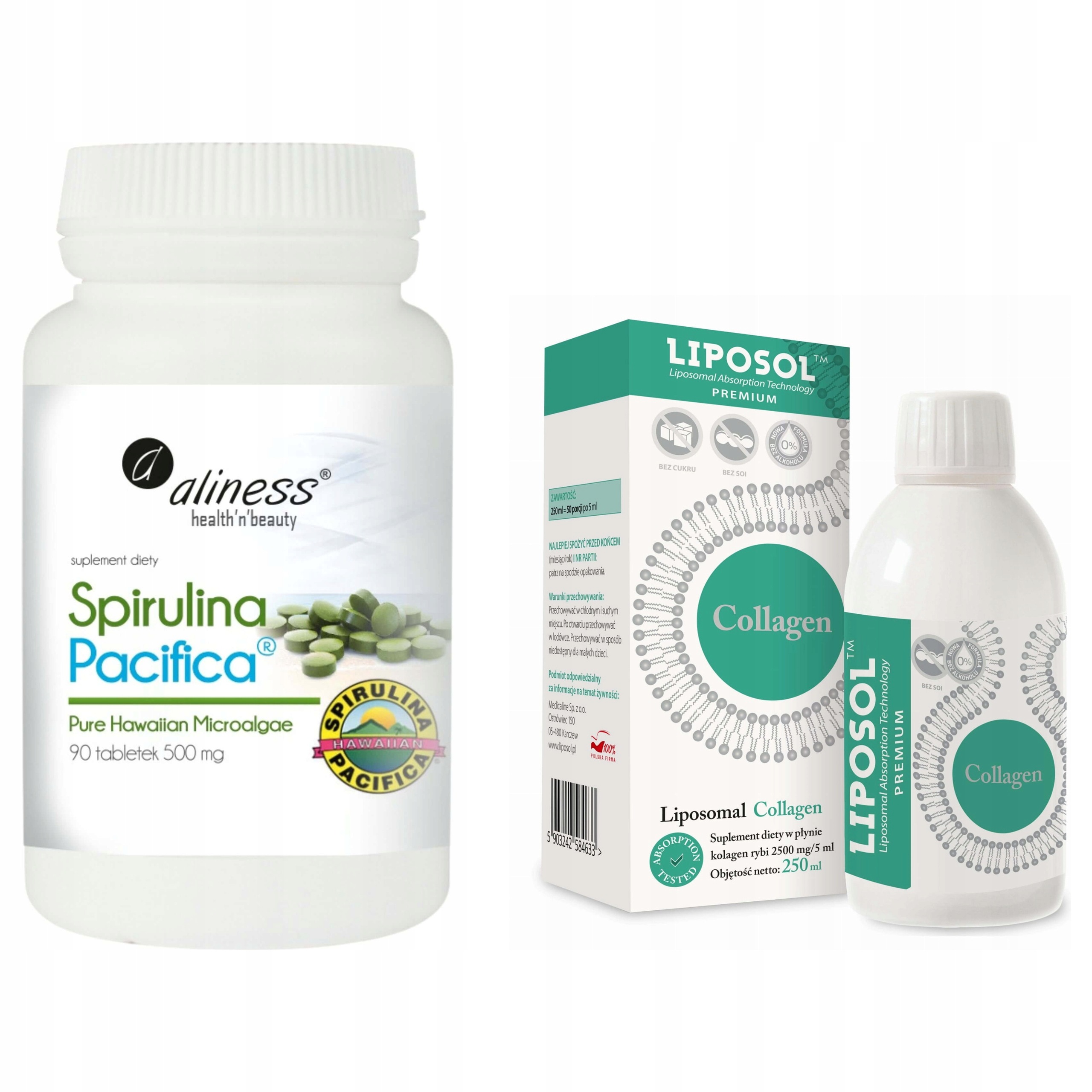 Spirulina Hawajska Pacyfica Kolagen Liposol Aliness Duo 90 Tab. 250 ML