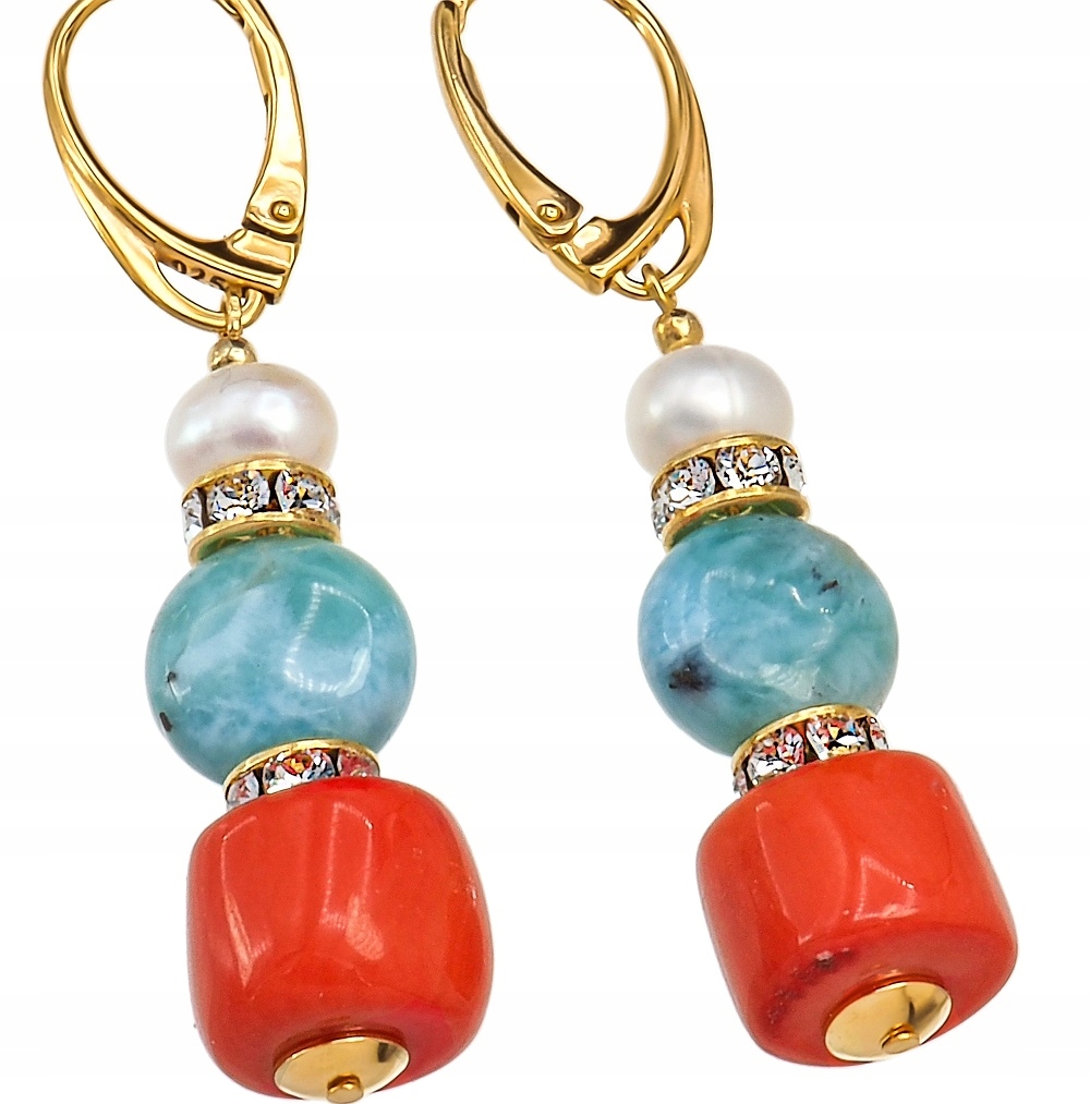 Perly Larimar Koral Krásné Náušnice Zlaté Stříbro