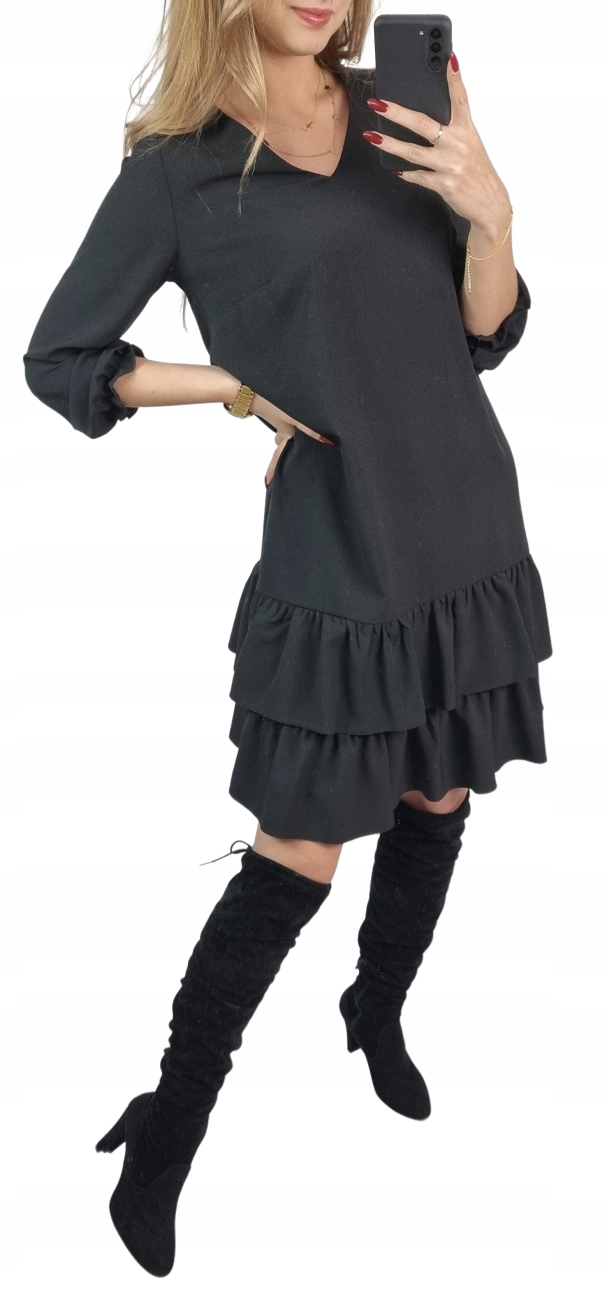 

Elegancka Sukienka Lena falbany CZARNA-44