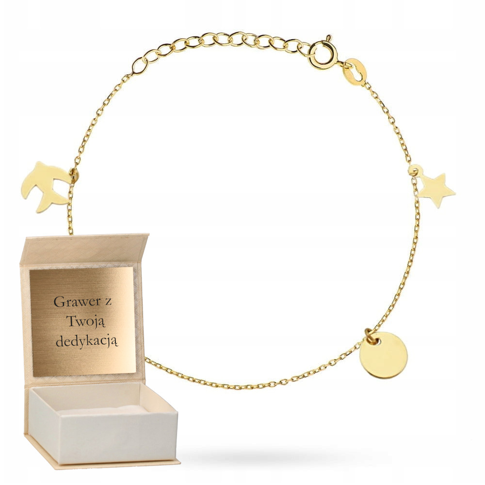 Zlatý náramek Hvězdička Kolečko Křídlo a vlaštovka Zlato pr.585 Gravírování