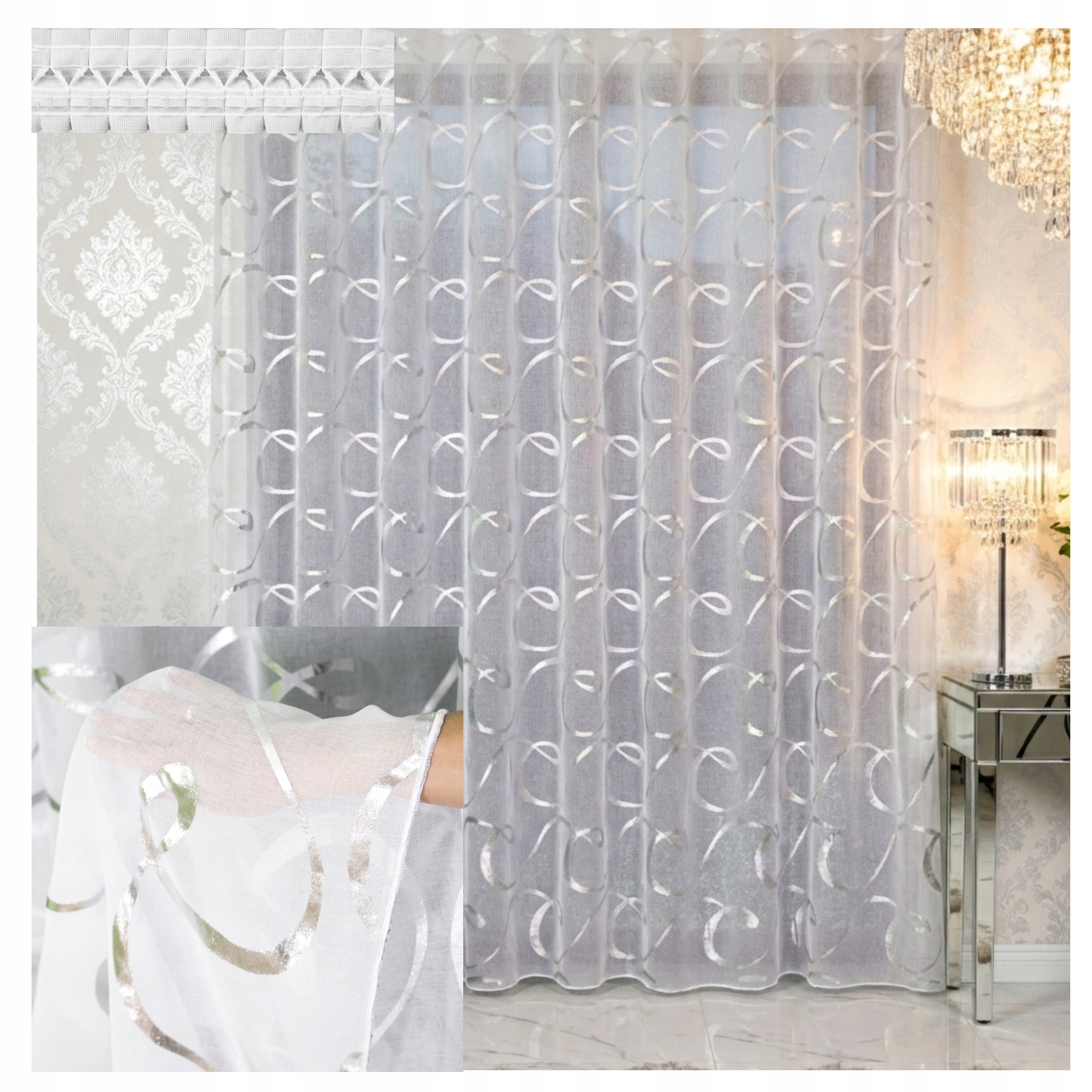 Záclona Glamour Malwina Etamin Stříbrný Potisk 300x260 cm Olovo Tunel