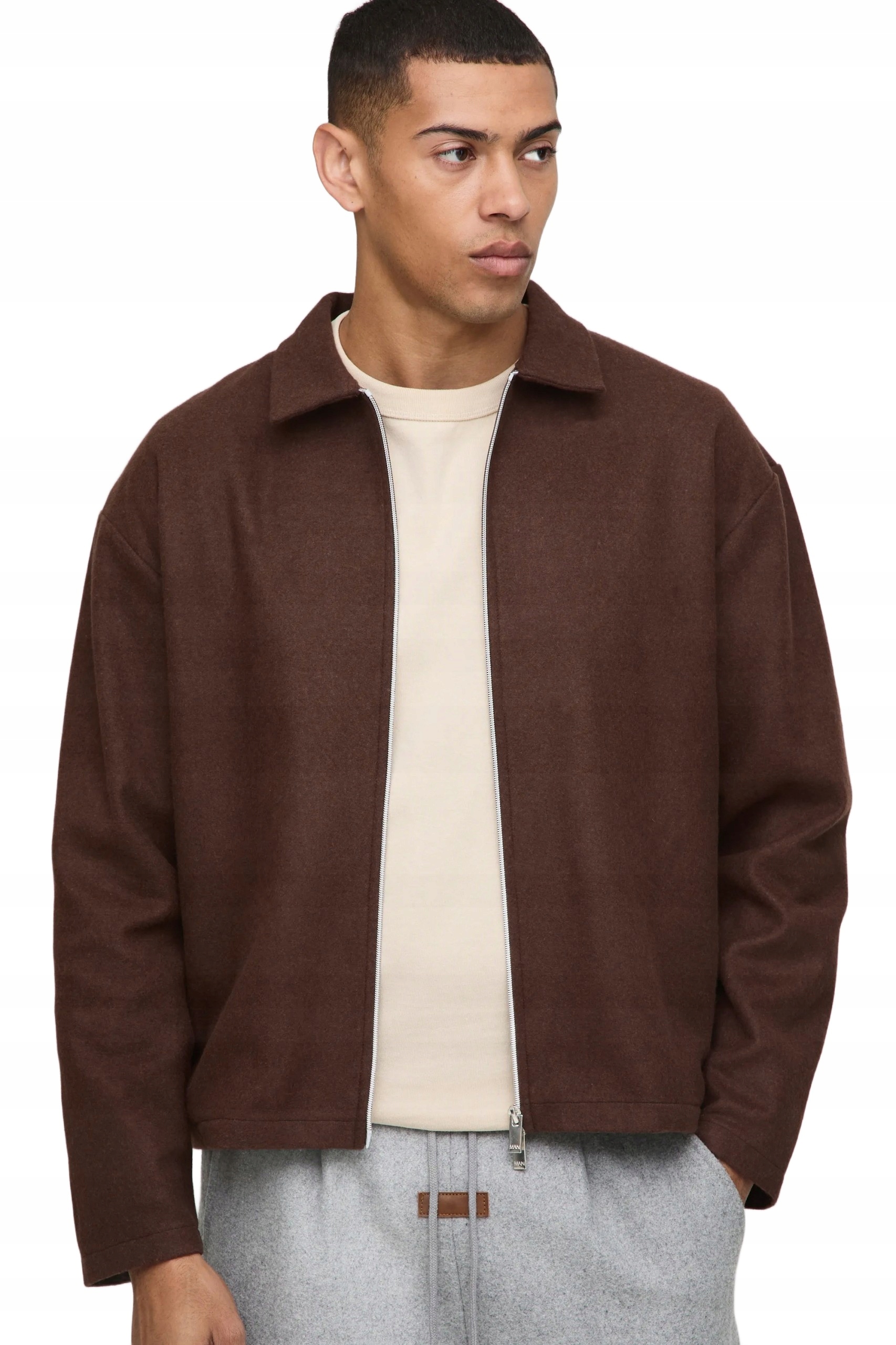 Boohooman Pánská Košile Casual Hnědá Se Zipem A Límečkem Xs Z3A