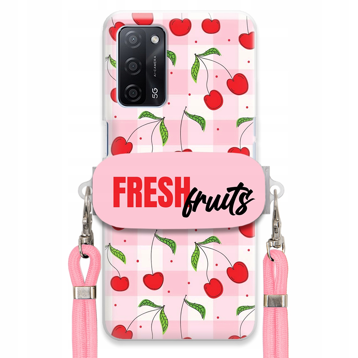 Pouzdro pro Oppo A55 5G Case Držák Šňůrka Růžová Fresh Fruits Mřížka Ovoce