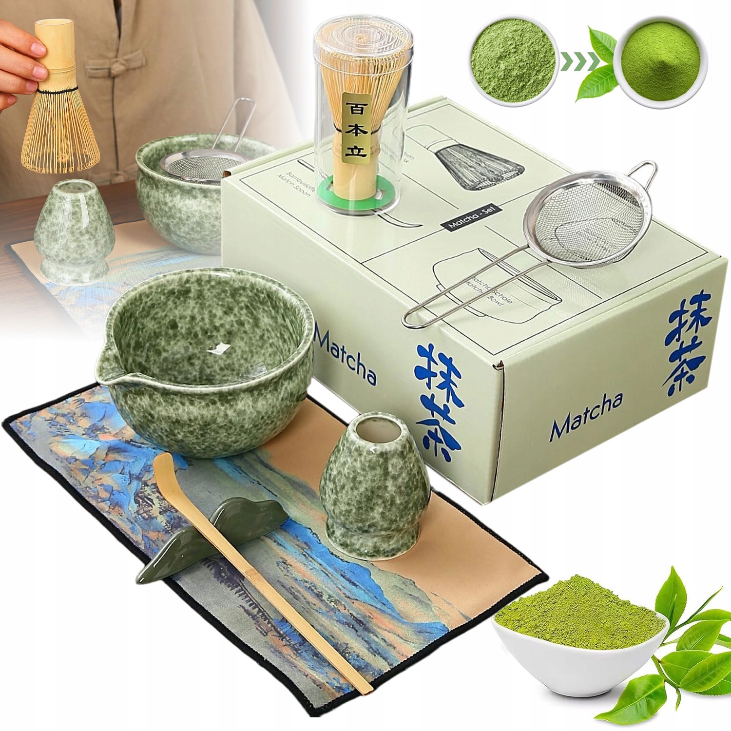 Zestaw Prezentowy Do Herbaty Matcha Czarka Miotełka Zielony 7SZT