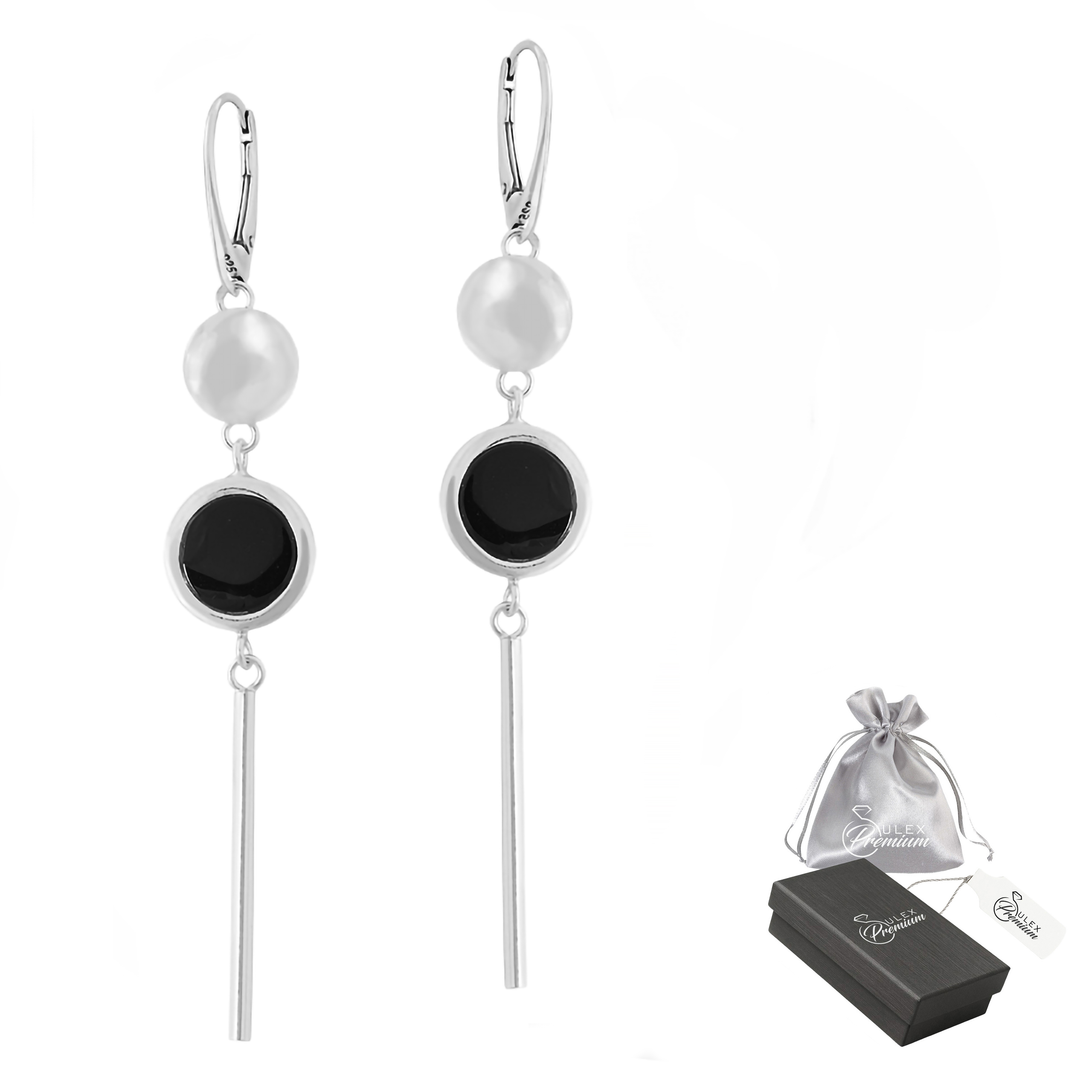 Náušnice Stříbro ryzost 925 s Černým Kamenem Moderní Elegantní Dlouhé
