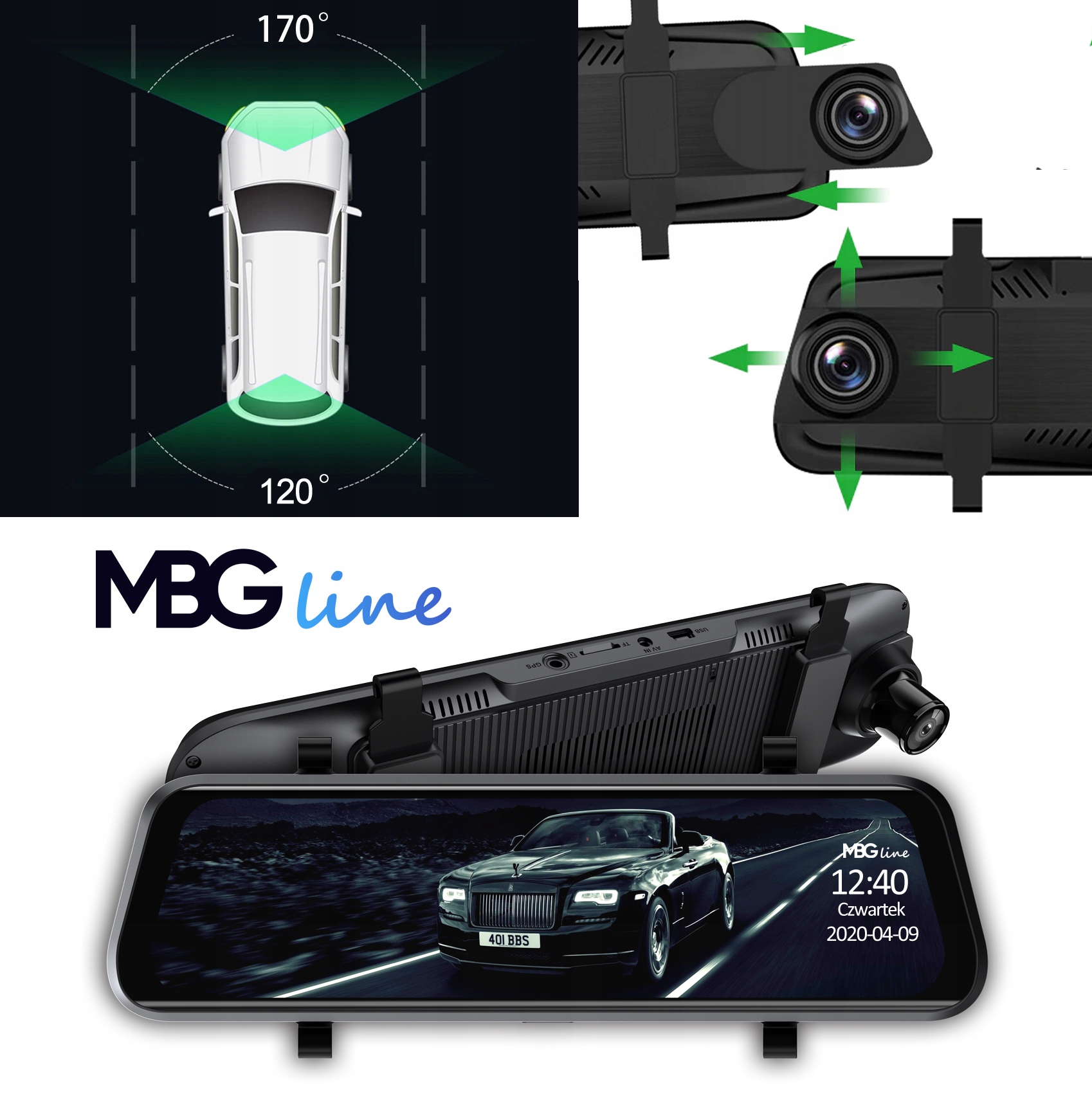 Kamera Rejestrator lusterko 2K+FHD HS900PRO SONY Kąt widzenia 170°