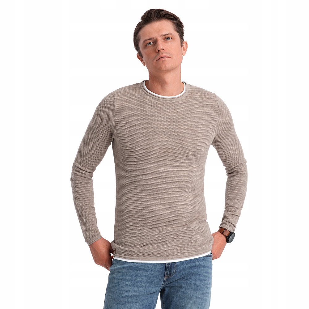 Bavlnený pánsky sveter s okrúhlym výstrihom studená béžová V9 OM-SWSW-0103 S
