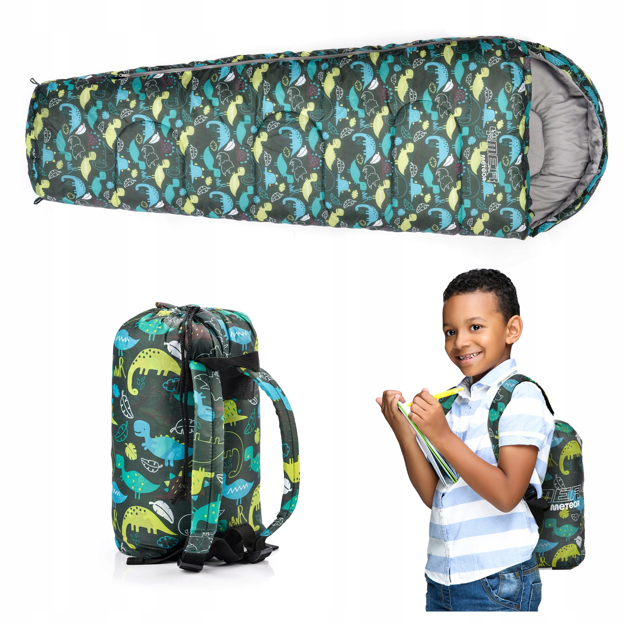 Śpiwór Dla Dzieci Z Plecakiem Meteor mumia Ymer Dino (130+30)x60/40cm