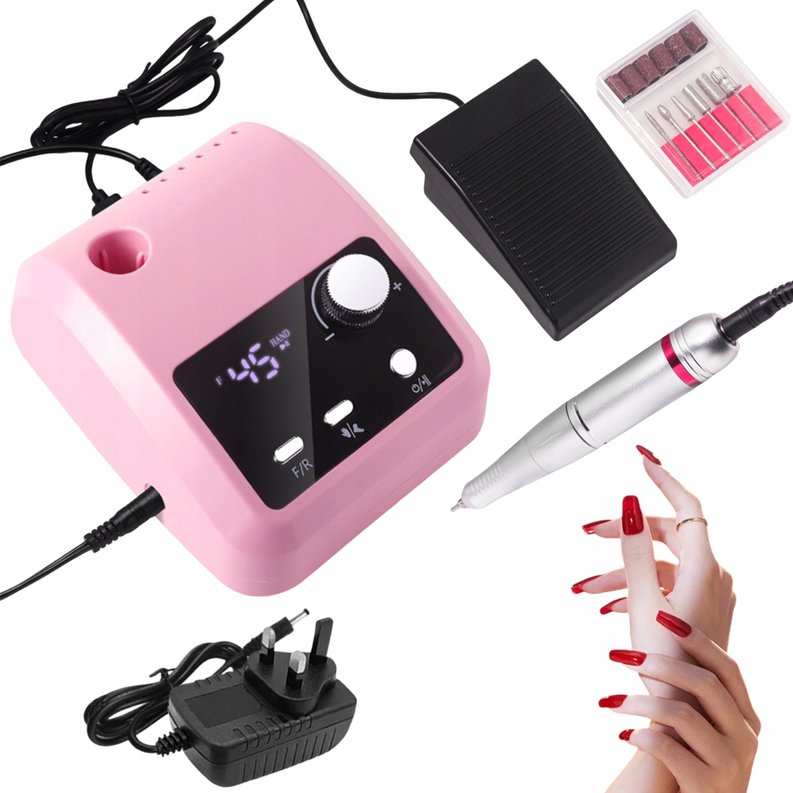 Sada Na Manikúru Pedikúra Bruska 45000 Rpm S Pedálem A Frézkami, Růžová