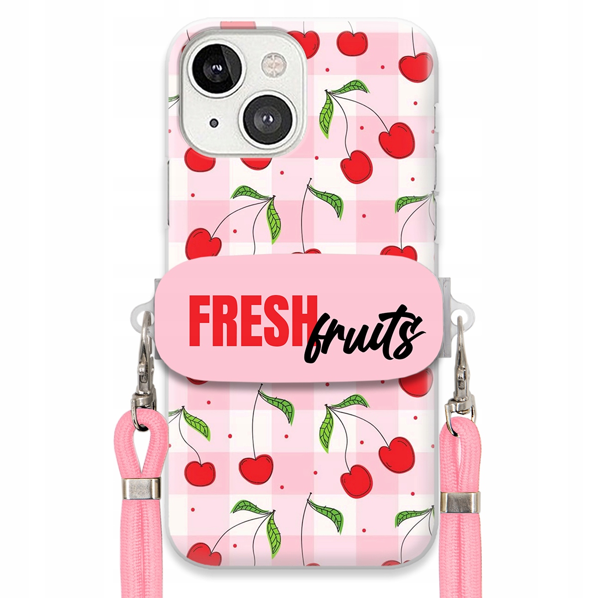 Puzdro pre iPHONE 13 Case držiak na šnúrku Ružový Fresh Fruits Mriežka Ovocie