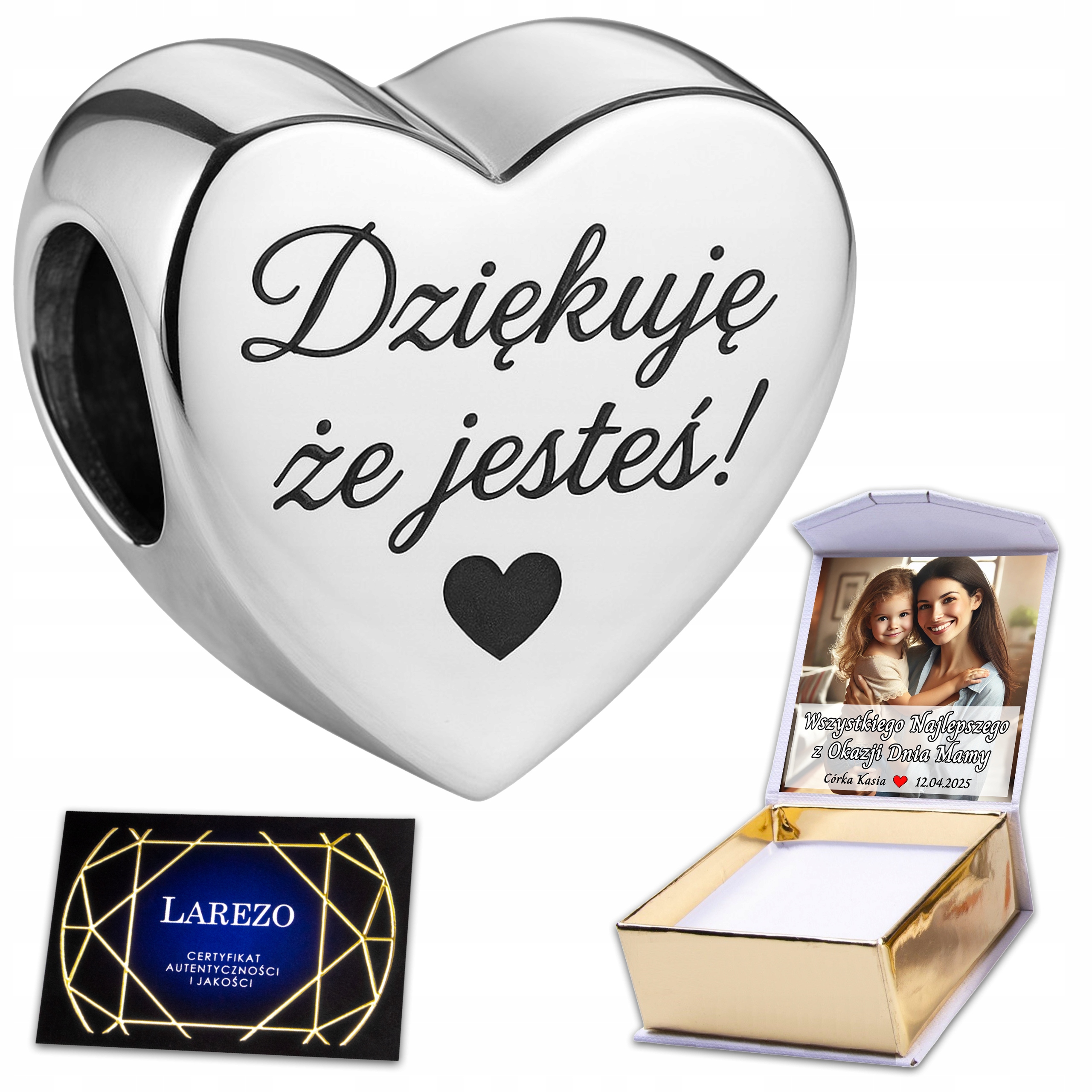 Charms Stříbrný Gravírování Srdce s gravírováním Děkuji, že jste Stříbro 925 Potisk