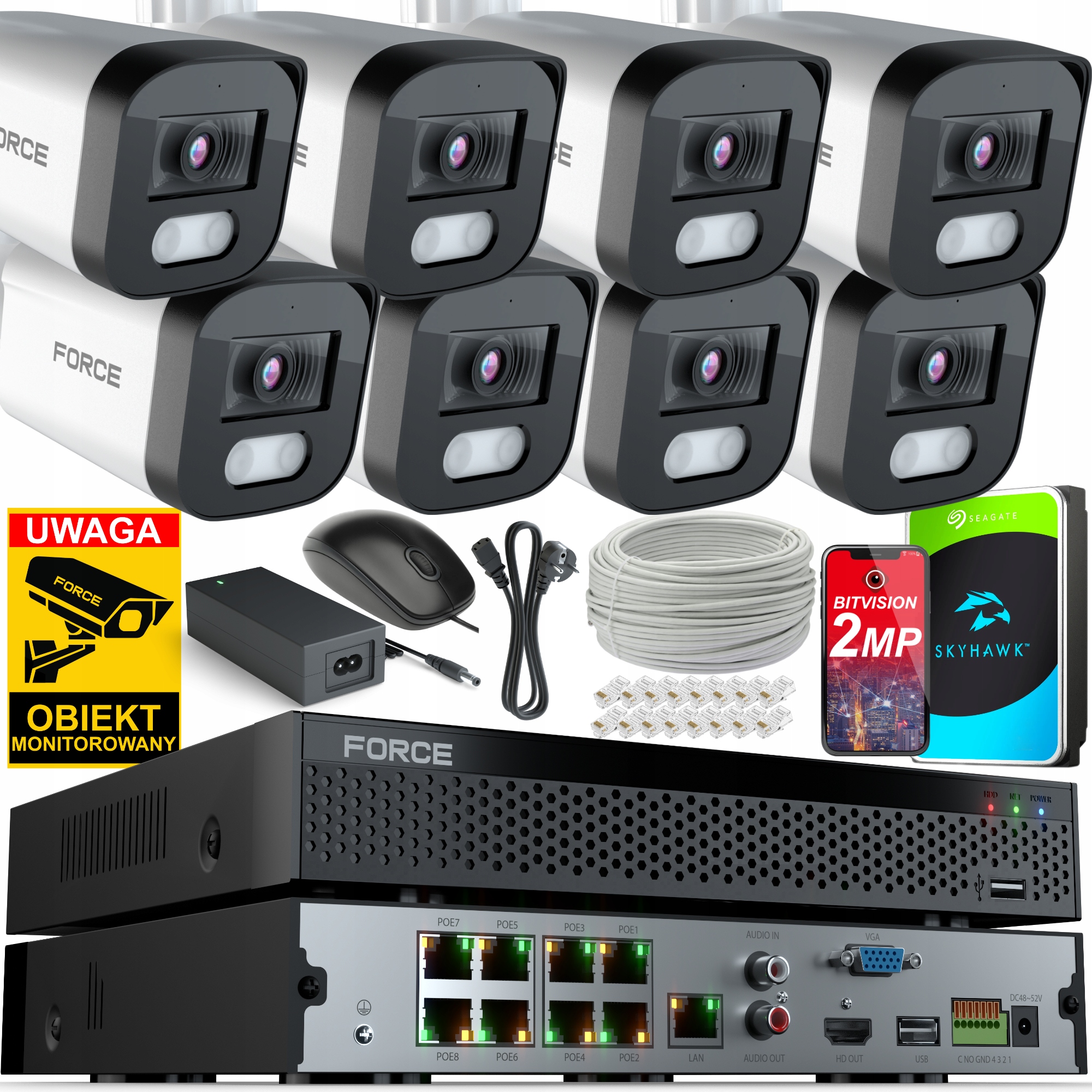 Force Monitorovací sada 8x Ip kamera 2MPx Full Hd Disk 1TB Poe Rekordér