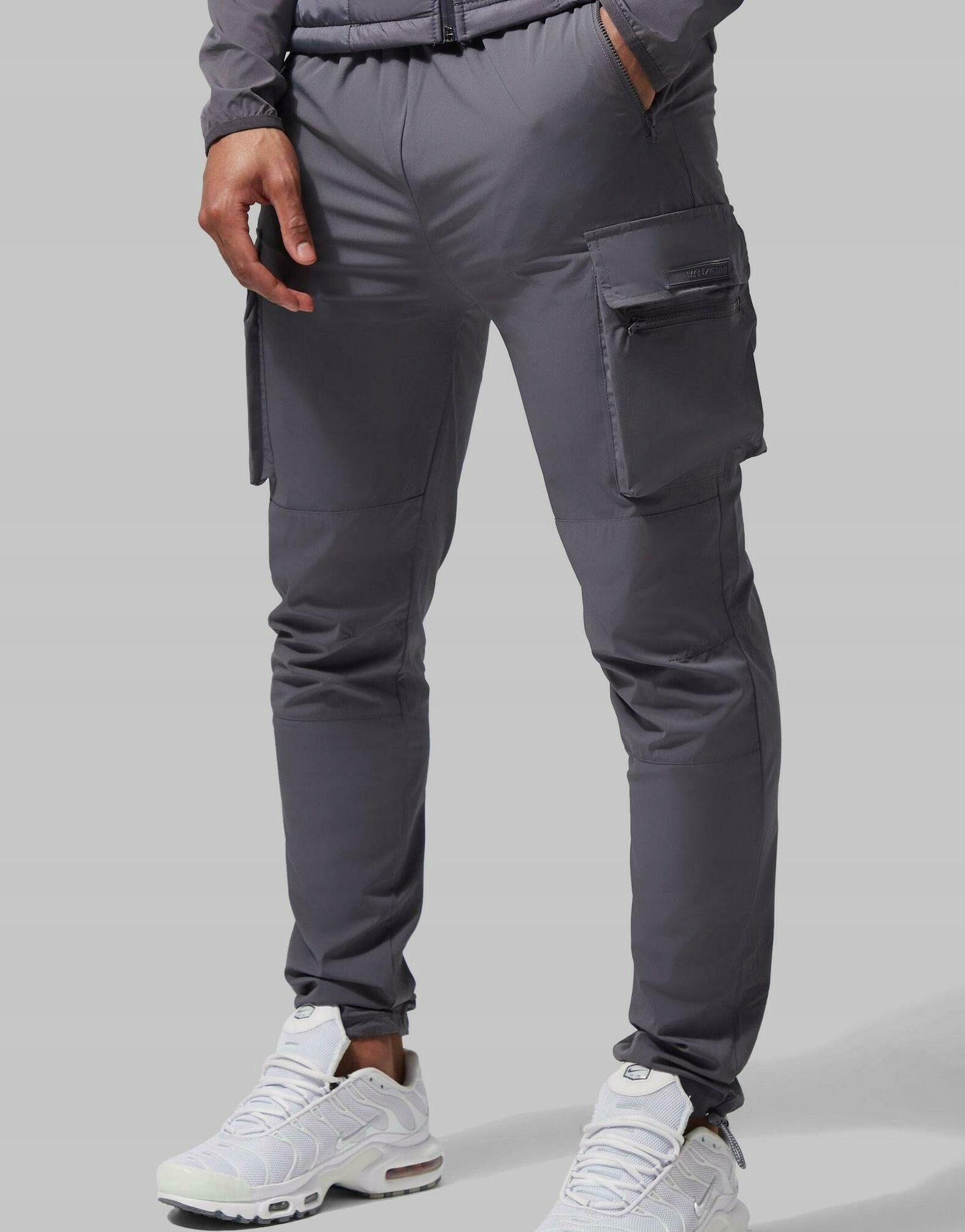 SZARE SPODNIE SPORTOWE ZE ŚCIĄGACZAMI KIESZENIE BOJÓWKI JOGGERY BOOHOO XL