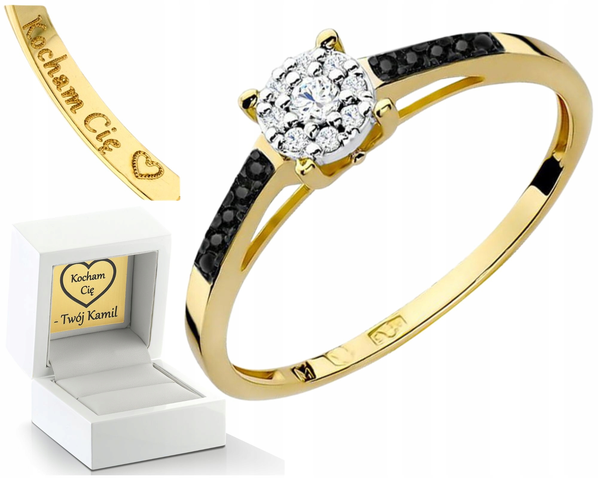 Zlatý Prstýnek Prsten S Černými Diamanty, Gravírování Do Žlutého Zlata 585