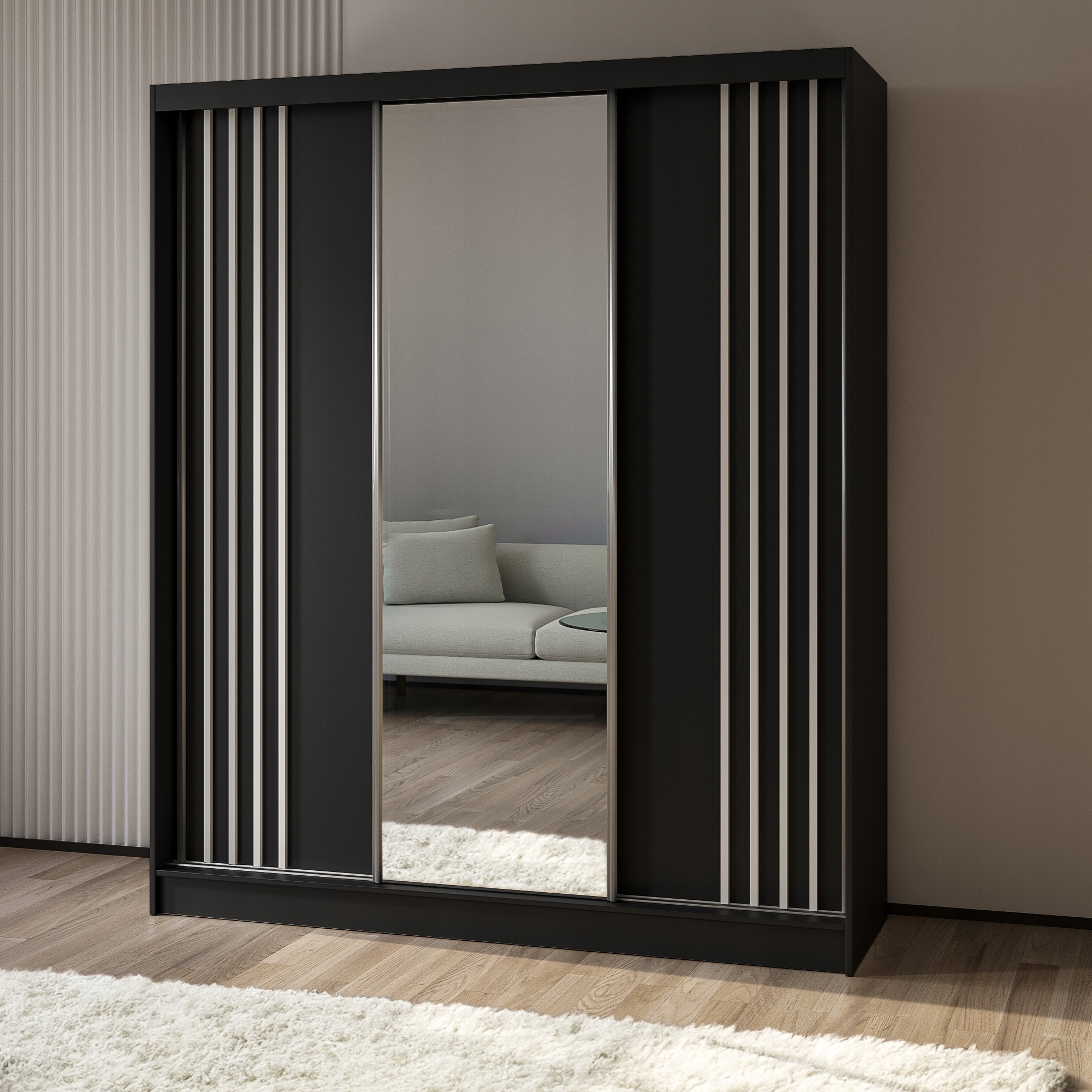 Skříň třídveřová Nelvia 180 cm Skříň se zrcadlem Posuvná černá