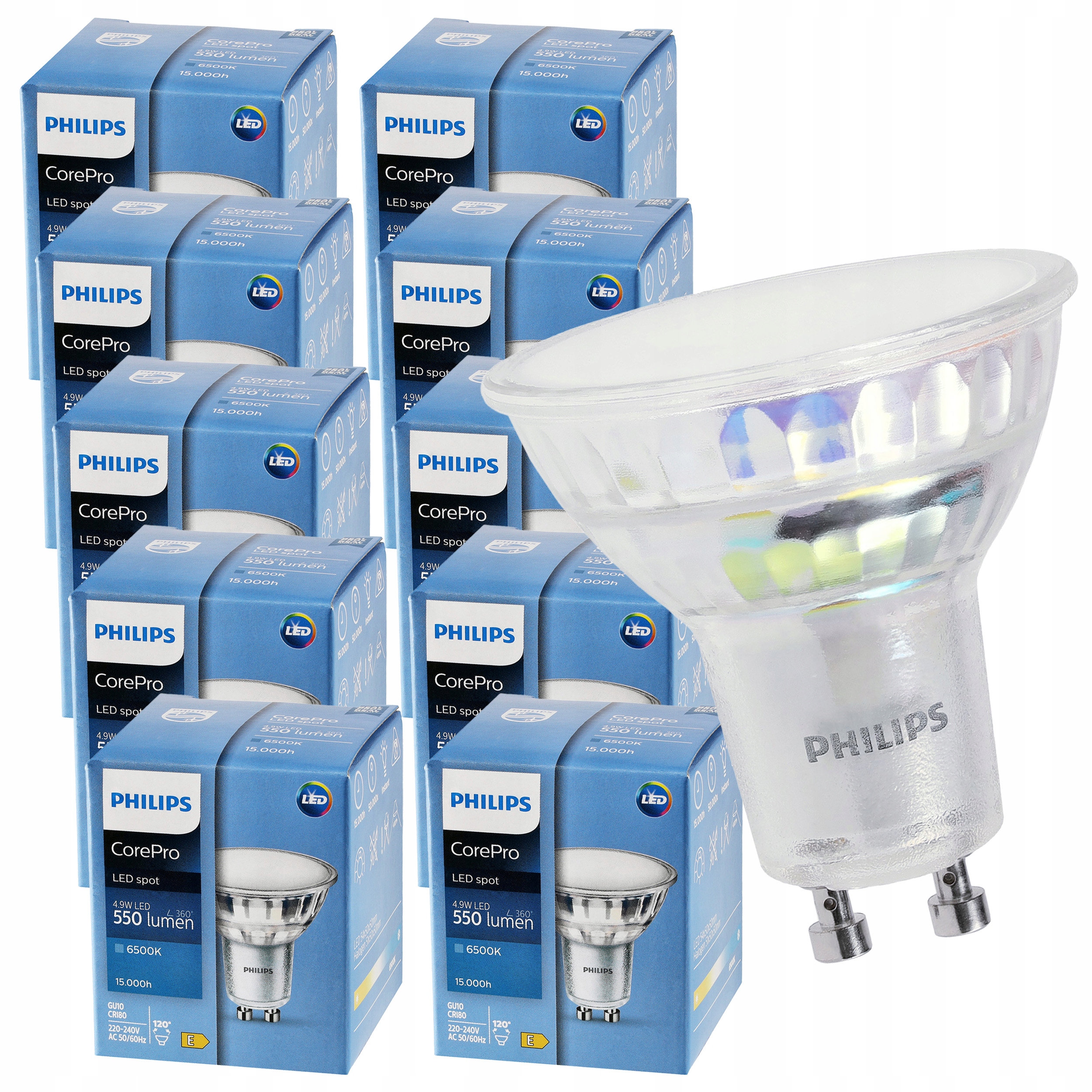 10x Żarówka Led GU10 Philips 4,9W 550lm Barwa Zimna 6500K Premium Żarówki