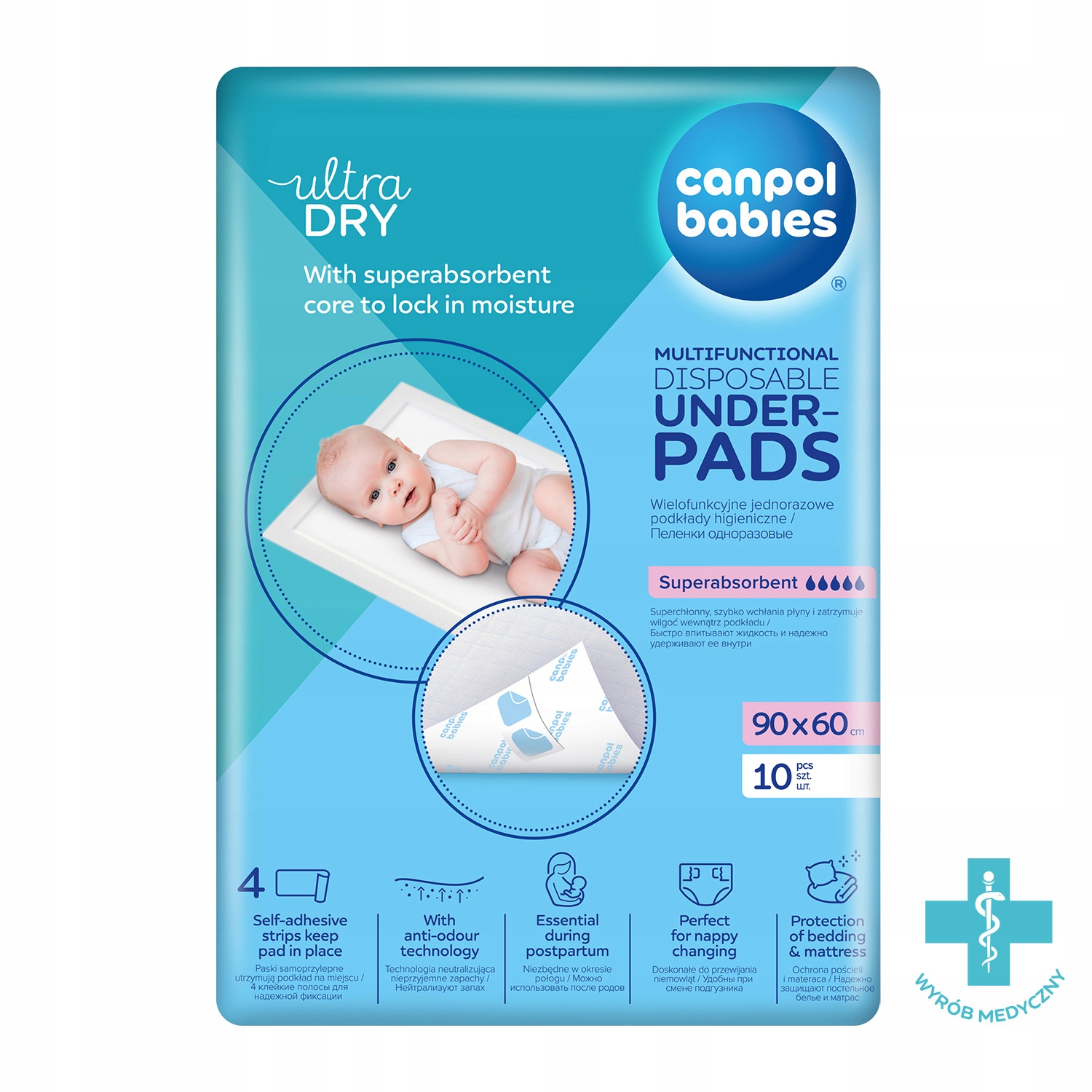 Wielofunkcyjne Podkłady Higieniczne Canpol Babies 60x90 cm Chłonne 10 sztuk Waga produktu z opakowaniem jednostkowym 1 kg