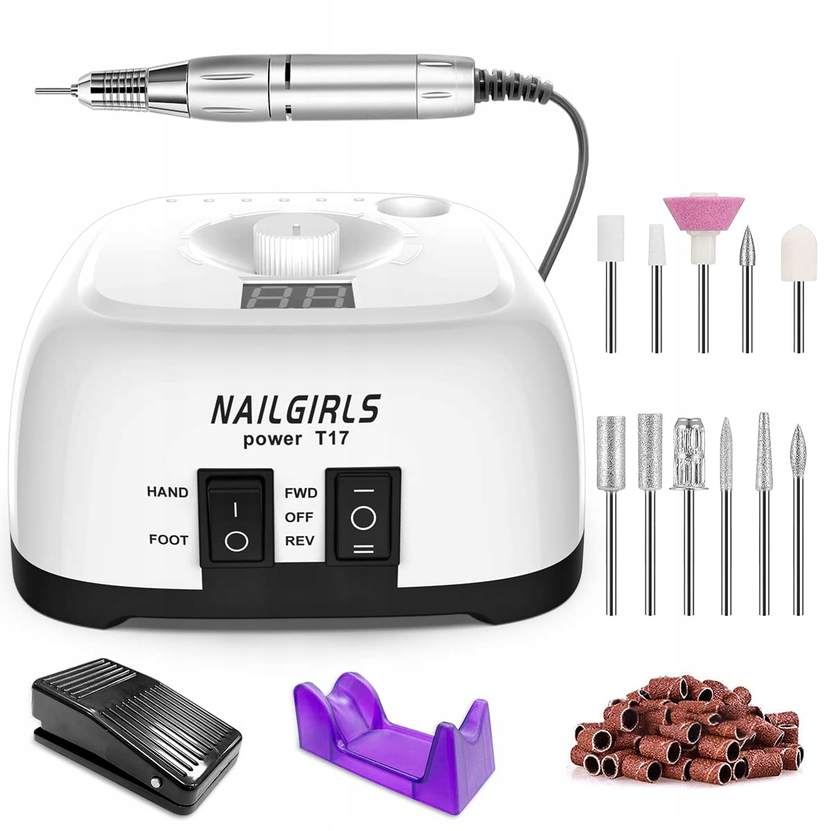 Bruska Na Nehty 220V Manikúra Pedikúra Hybridy Gely Velká Sada Fréz