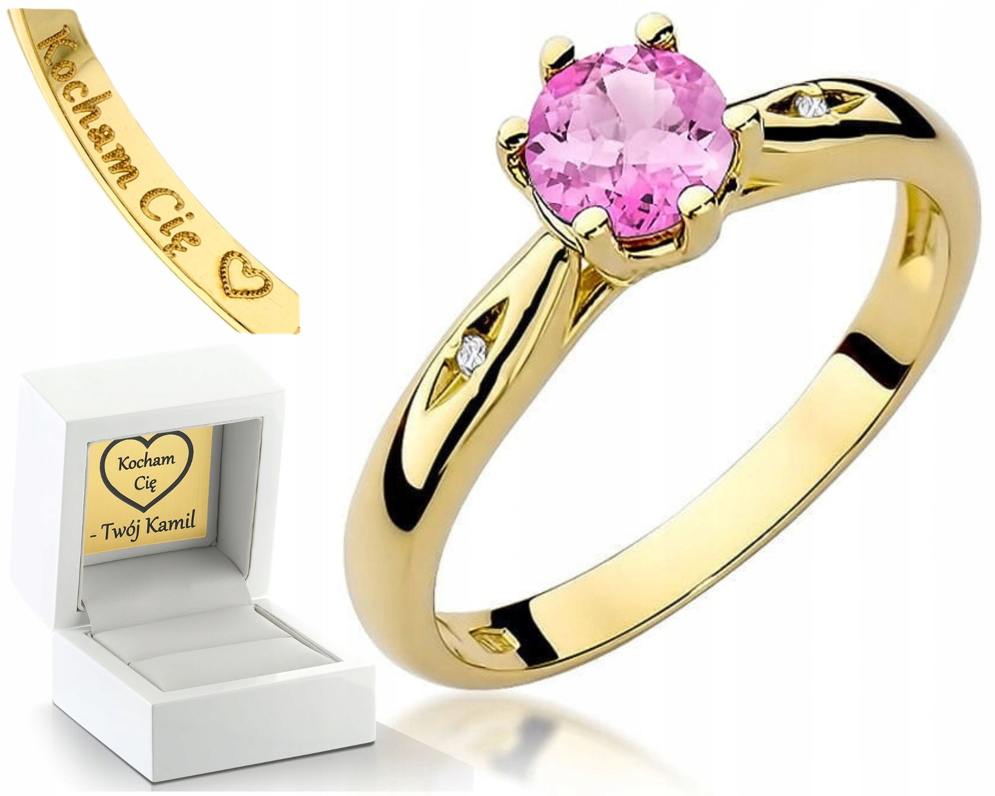 Zlatý Prstýnek Prsten S Růžovým Topazem, Žlutým Zlatem, Diamanty Gravírování 585