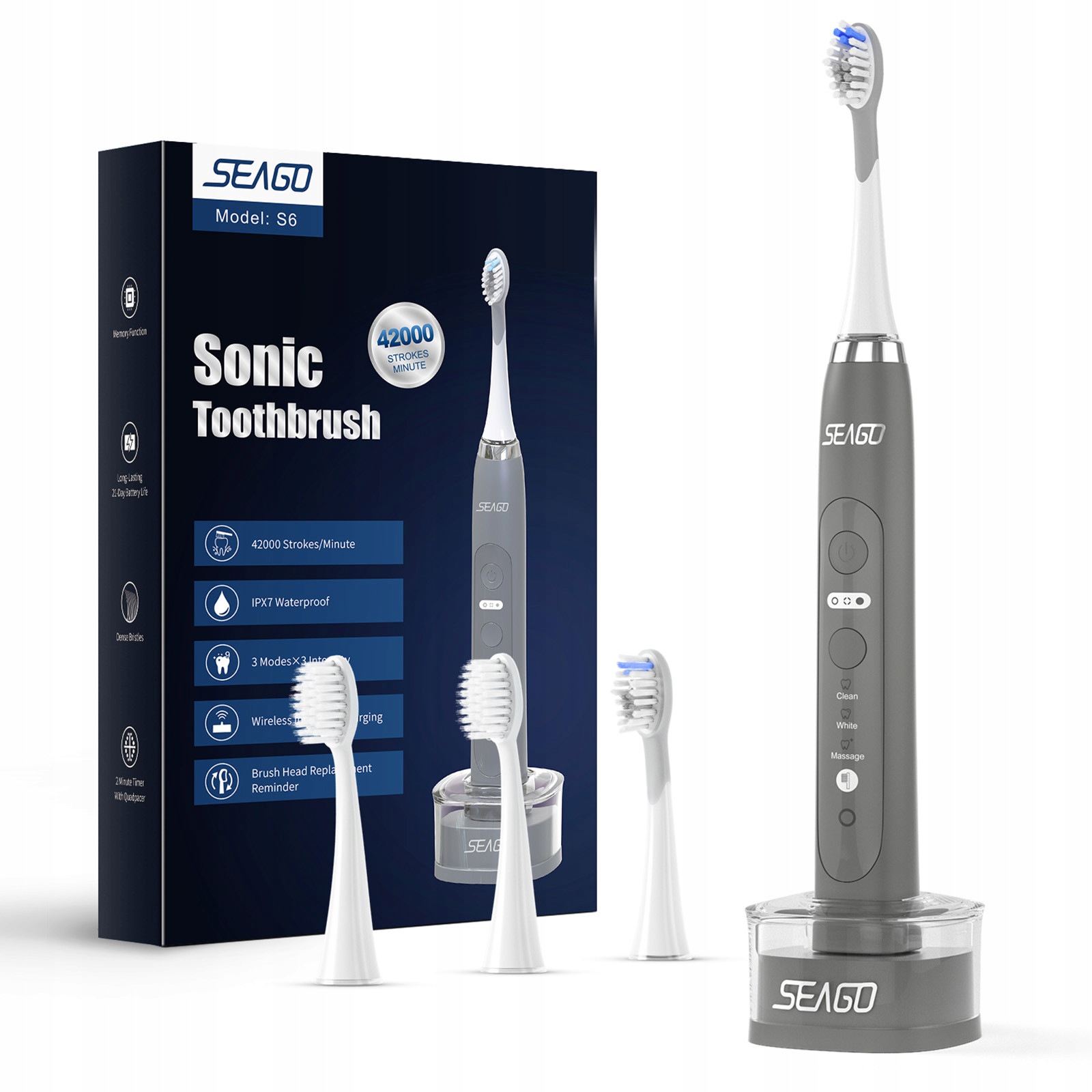 Seago Szczoteczka soniczna do zębów dla dorosłych S6 4 główki ładowanie ind