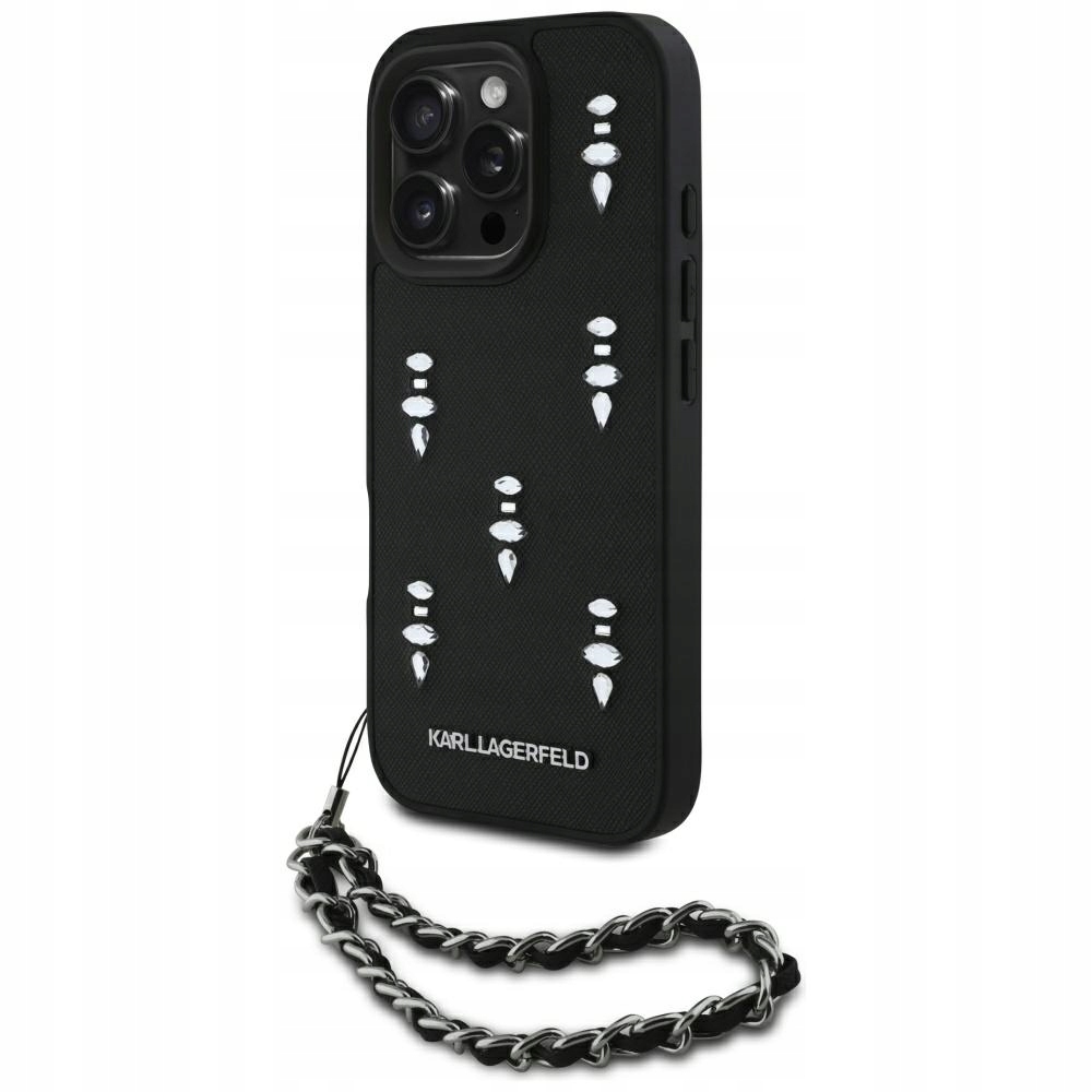 Etui Karl Lagerfeld Saffiano Crystals w/ Chain na iPhone 16 Pro czarne