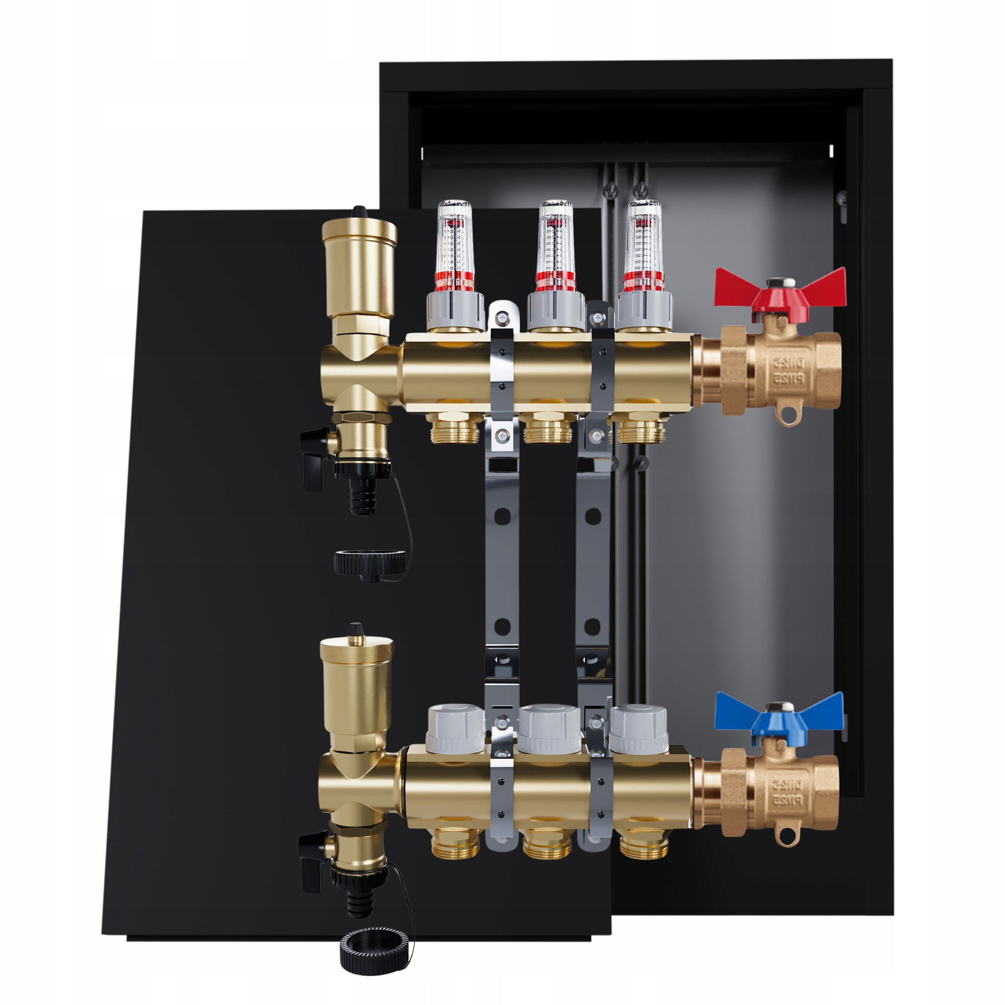 Rozdělovač podlahových krytin mosazný 3 okruhy skříňka černá jednoduchý ventil