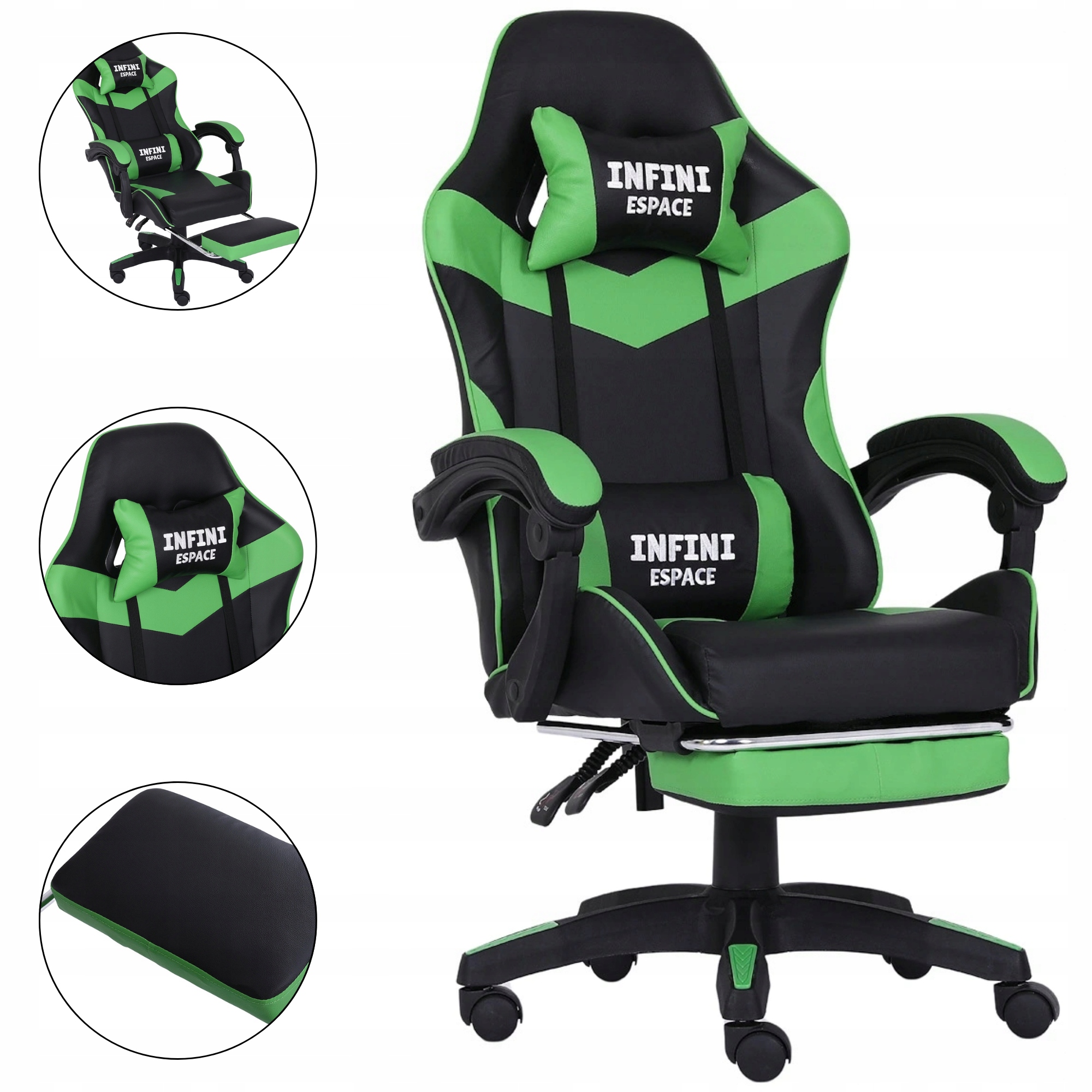 Herní křeslo s výsuvnou podnožkou, rozkládací, pohodlné, černo-zelené