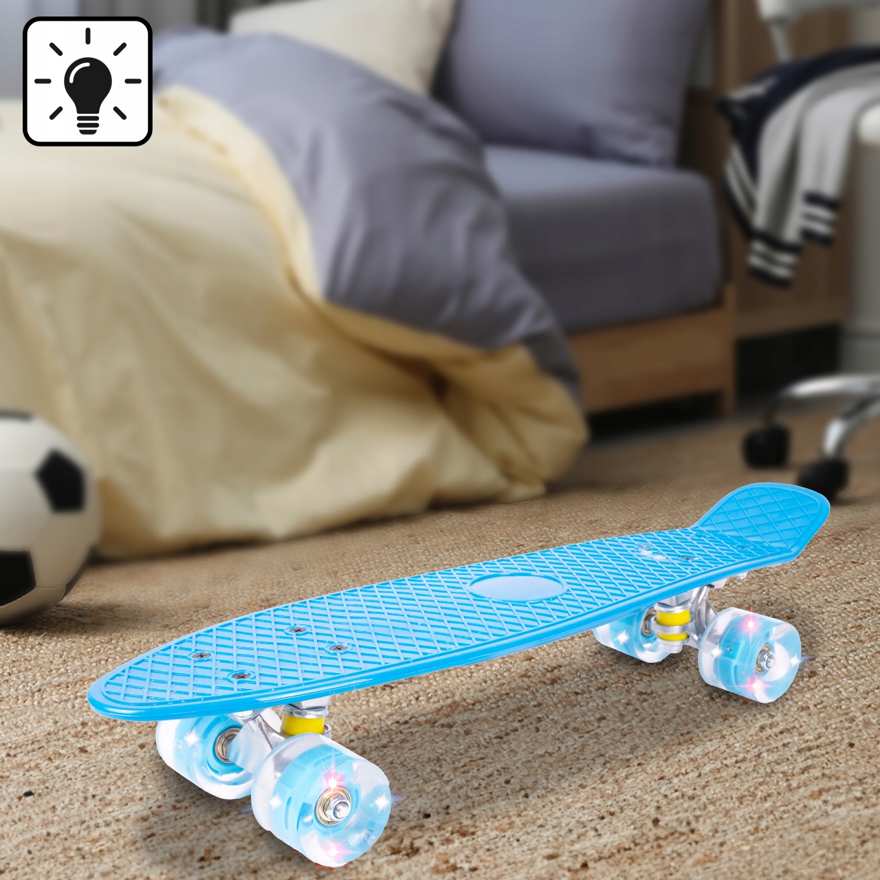 FISZKA DESKOROLKA DLA DZIECI ŚWIECĄCE KOŁA LED NIEBIESKA 56CM ABEC7 RGB Maksymalna waga użytkownika 100 kg