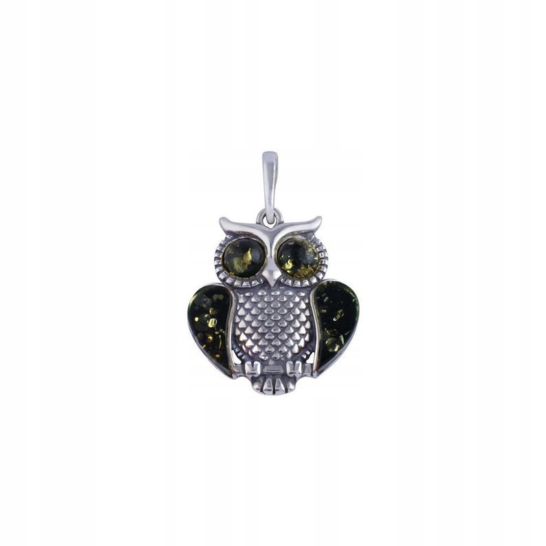 SREBRNY WISIOR SOWA ZIELONY BURSZTYN SREBRO