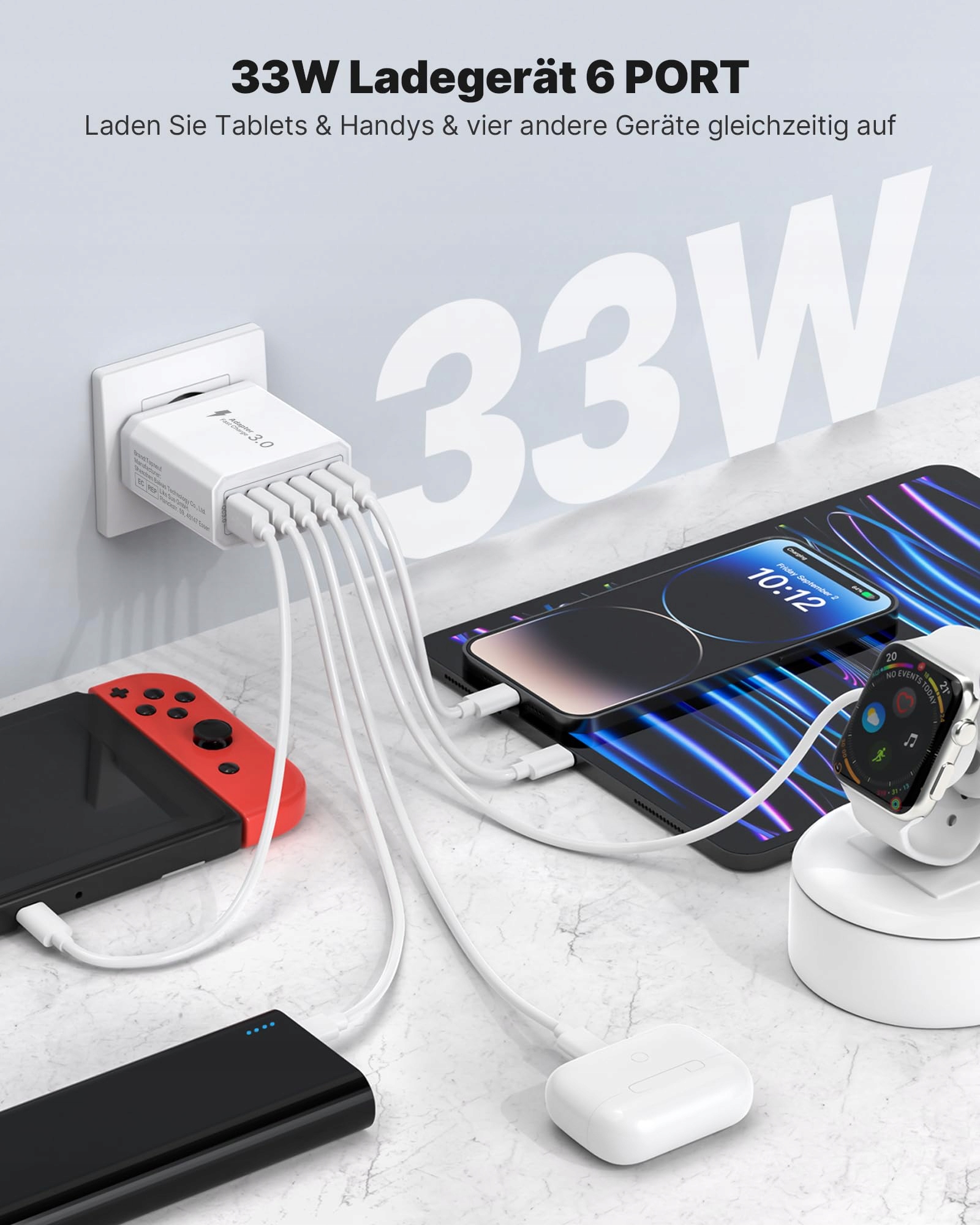 Tupneuf Ładowarka USB 6-Portów 33W QC 3.0 Szybkie Ładowanie iPhone iPad — miniatura 2